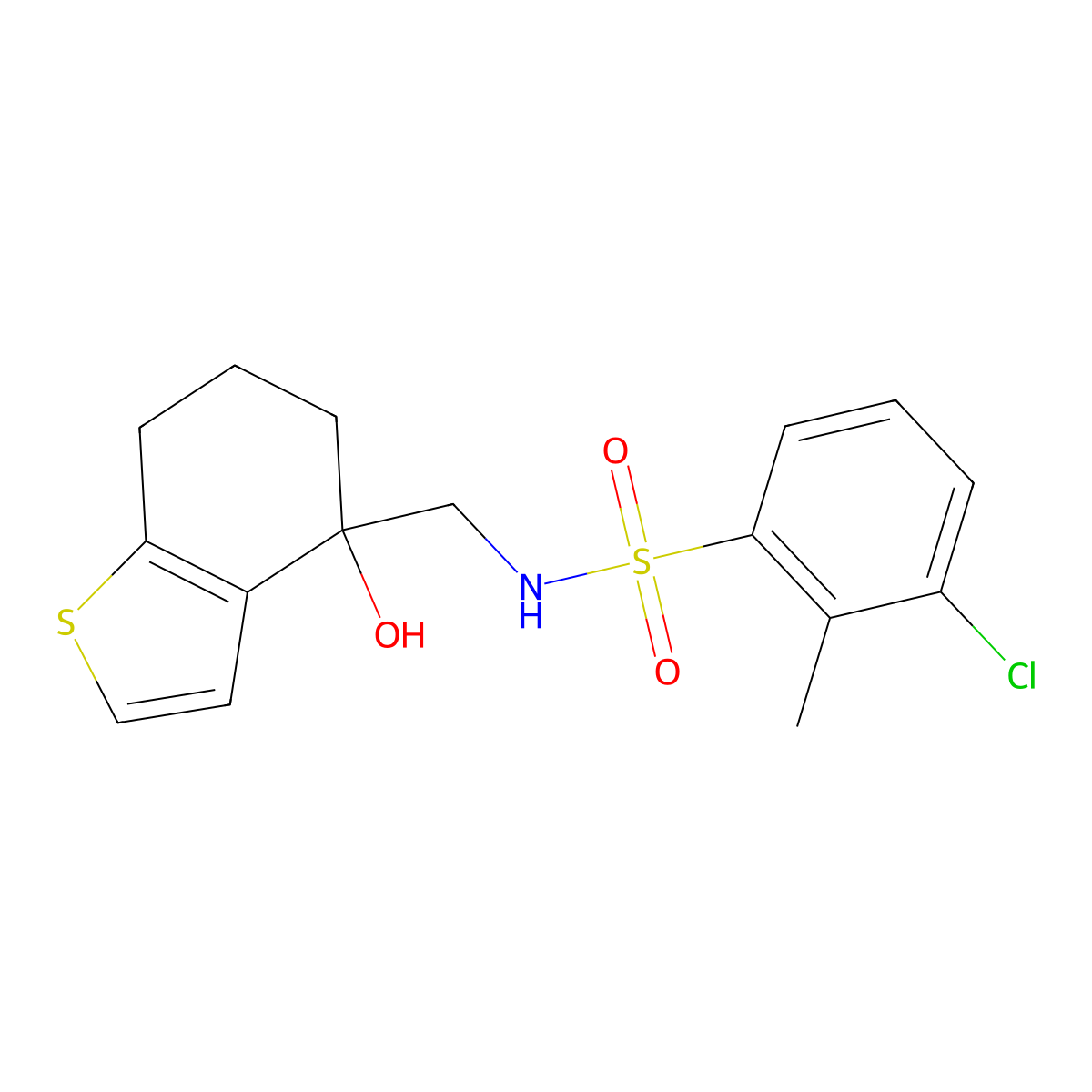 3-chloro-N-[(4-hydroxy-4,5,6,7-tetrahydro-1-benzothiophen-4-yl)methyl]-2-methylbenzene-1-sulfonamide molecular structure, CAS 2549063-93-4
