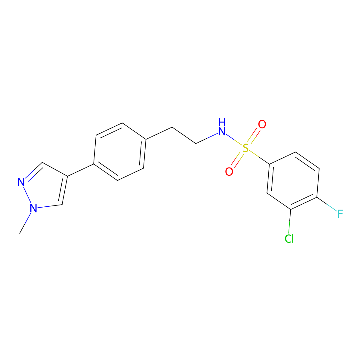3-chloro-4-fluoro-N-{2-[4-(1-methyl-1H-pyrazol-4-yl)phenyl]ethyl}benzene-1-sulfonamide molecular structure, CAS 2549064-02-8
