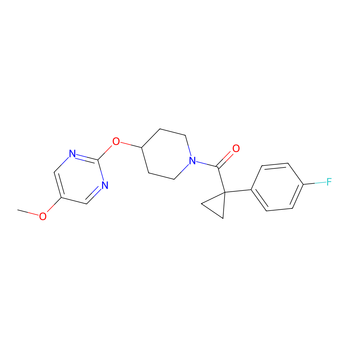 2-({1-[1-(4-Fluorophenyl)cyclopropanecarbonyl]piperidin-4-yl}oxy)-5-methoxypyrimidine molecular structure, CAS 2549064-06-2