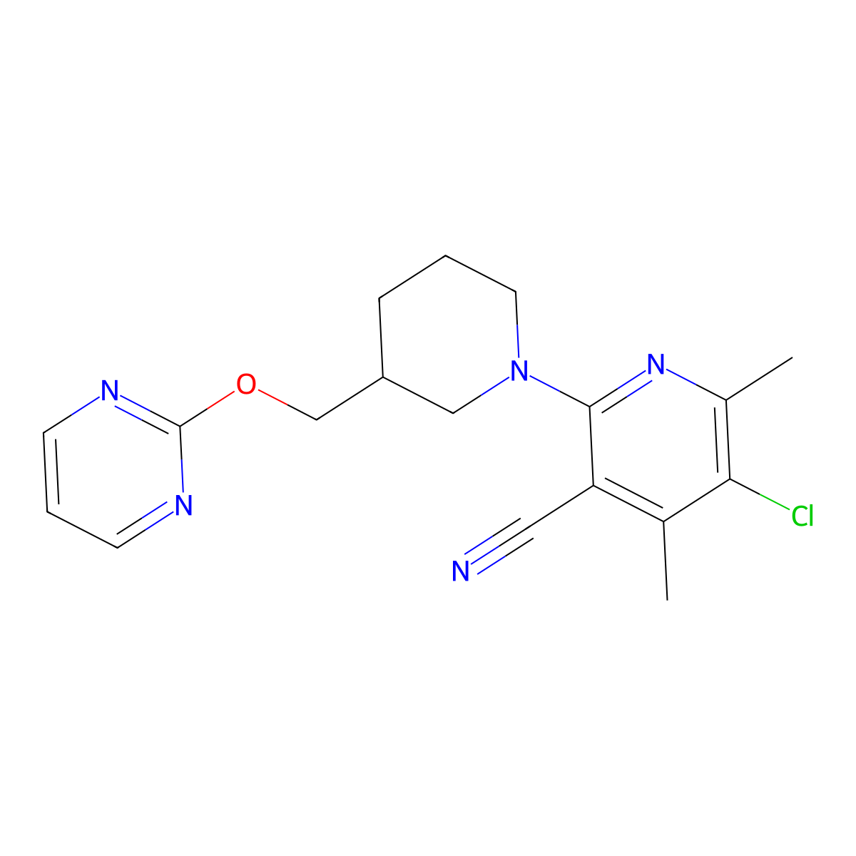 5-Chloro-4,6-dimethyl-2-{3-[(pyrimidin-2-yloxy)methyl]piperidin-1-yl}pyridine-3-carbonitrile molecular structure, CAS 2549064-23-3