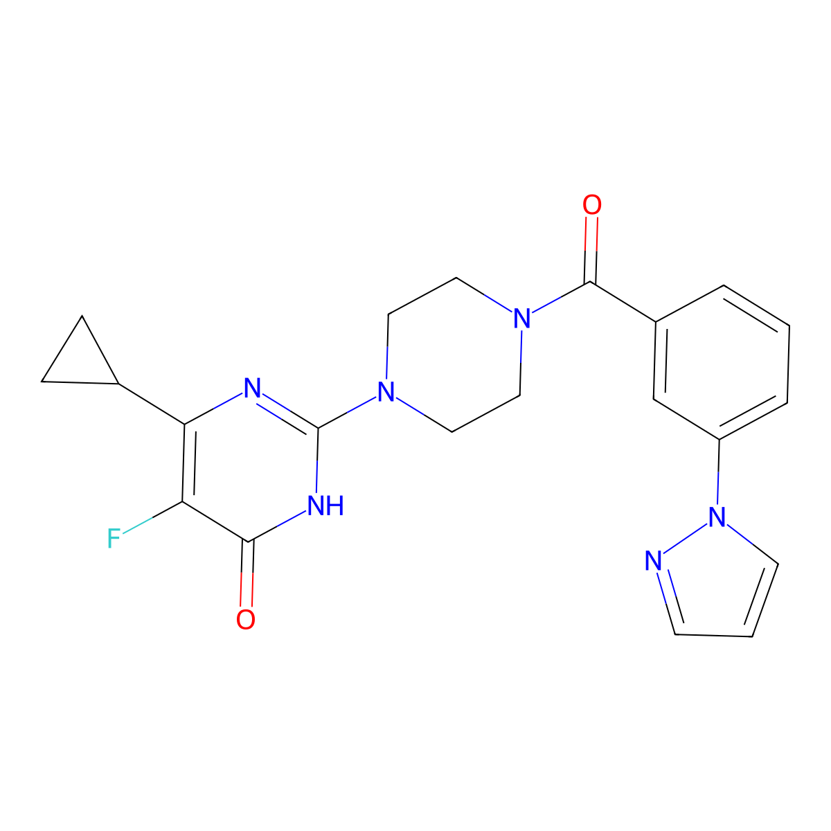 6-cyclopropyl-5-fluoro-2-{4-[3-(1H-pyrazol-1-yl)benzoyl]piperazin-1-yl}-3,4-dihydropyrimidin-4-one molecular structure, CAS 2549064-43-7