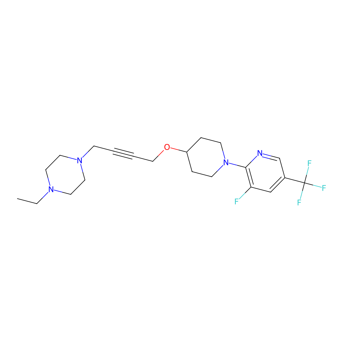 1-Ethyl-4-[4-({1-[3-fluoro-5-(trifluoromethyl)pyridin-2-yl]piperidin-4-yl}oxy)but-2-yn-1-yl]piperazine molecular structure, CAS 2549064-44-8
