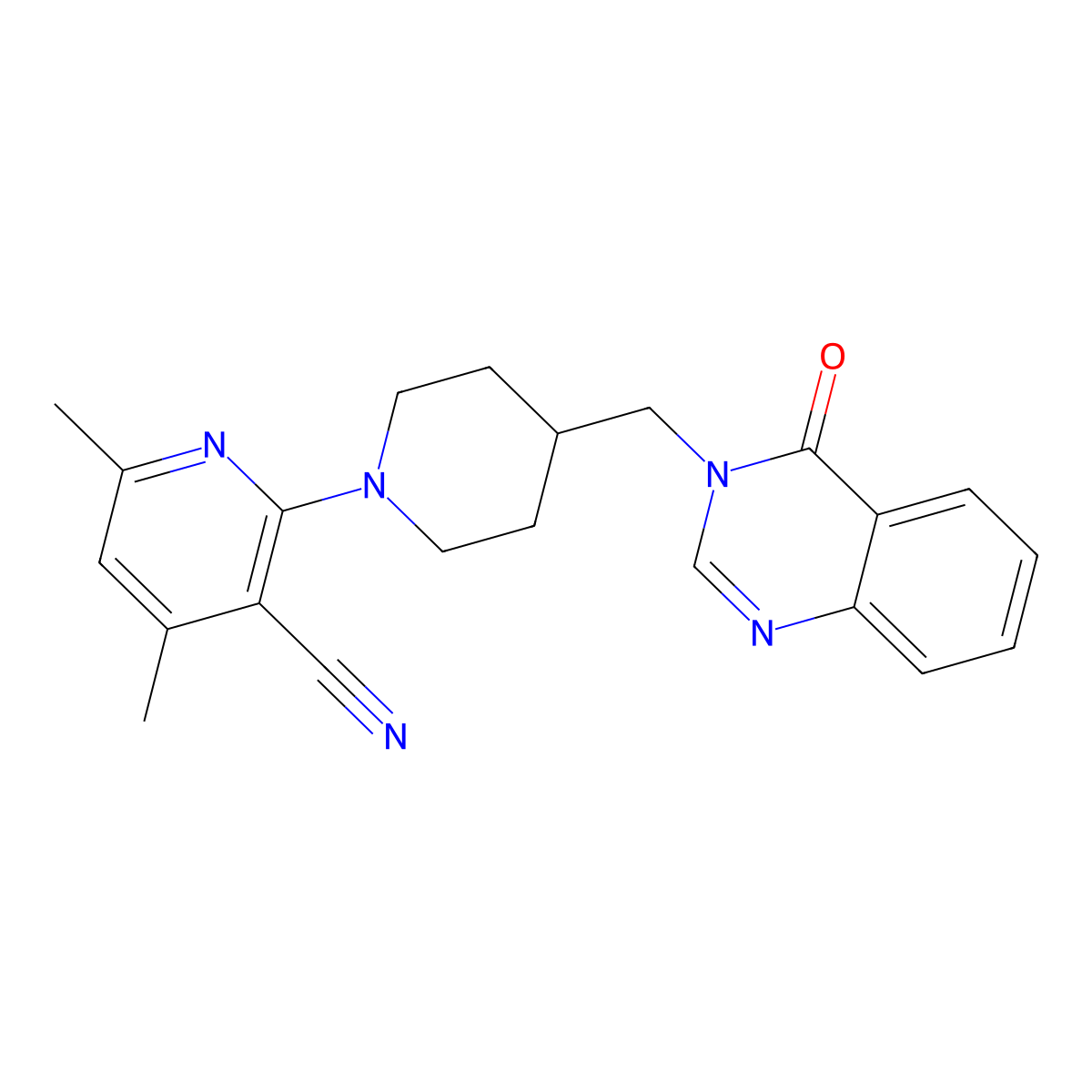 4,6-Dimethyl-2-{4-[(4-oxo-3,4-dihydroquinazolin-3-yl)methyl]piperidin-1-yl}pyridine-3-carbonitrile molecular structure, CAS 2549064-50-6