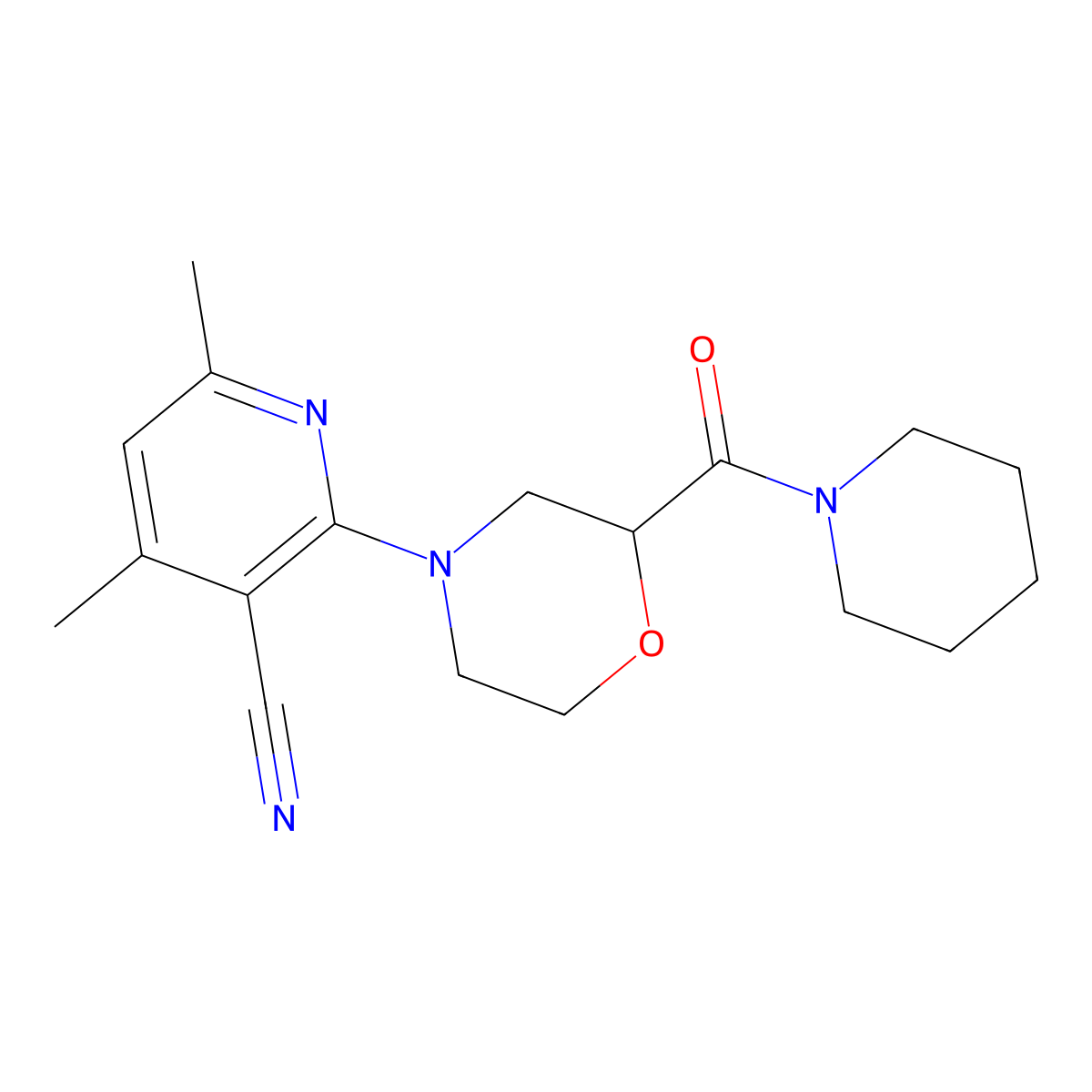 4,6-Dimethyl-2-[2-(piperidine-1-carbonyl)morpholin-4-yl]pyridine-3-carbonitrile molecular structure, CAS 2549064-57-3