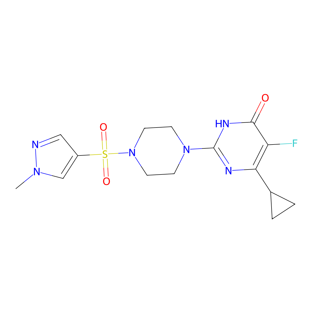 6-cyclopropyl-5-fluoro-2-{4-[(1-methyl-1H-pyrazol-4-yl)sulfonyl]piperazin-1-yl}-3,4-dihydropyrimidin-4-one molecular structure, CAS 2549064-61-9