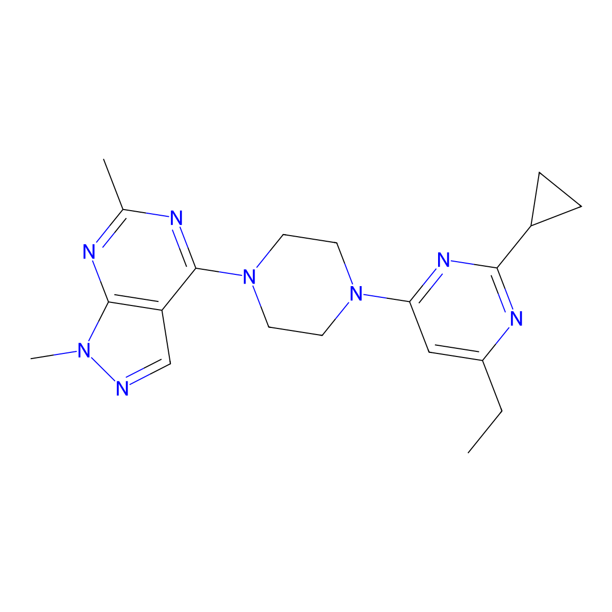 2-cyclopropyl-4-(4-{1,6-dimethyl-1H-pyrazolo[3,4-d]pyrimidin-4-yl}piperazin-1-yl)-6-ethylpyrimidine molecular structure, CAS 2549064-67-5