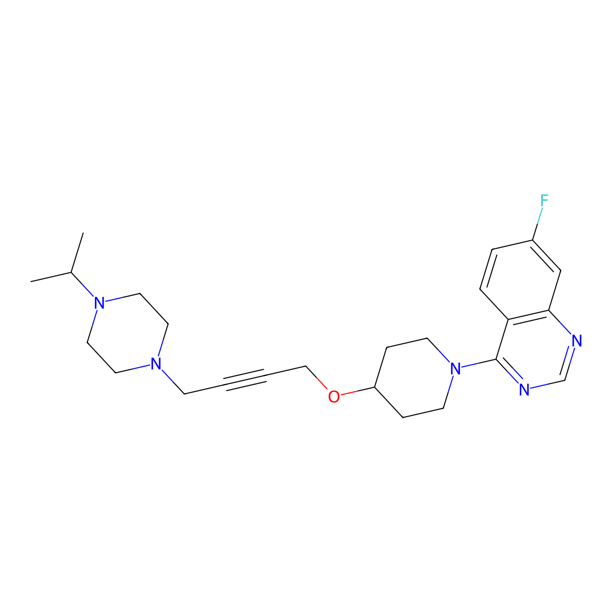 7-Fluoro-4-[4-({4-[4-(propan-2-yl)piperazin-1-yl]but-2-yn-1-yl}oxy)piperidin-1-yl]quinazoline molecular structure, CAS 2549064-82-4