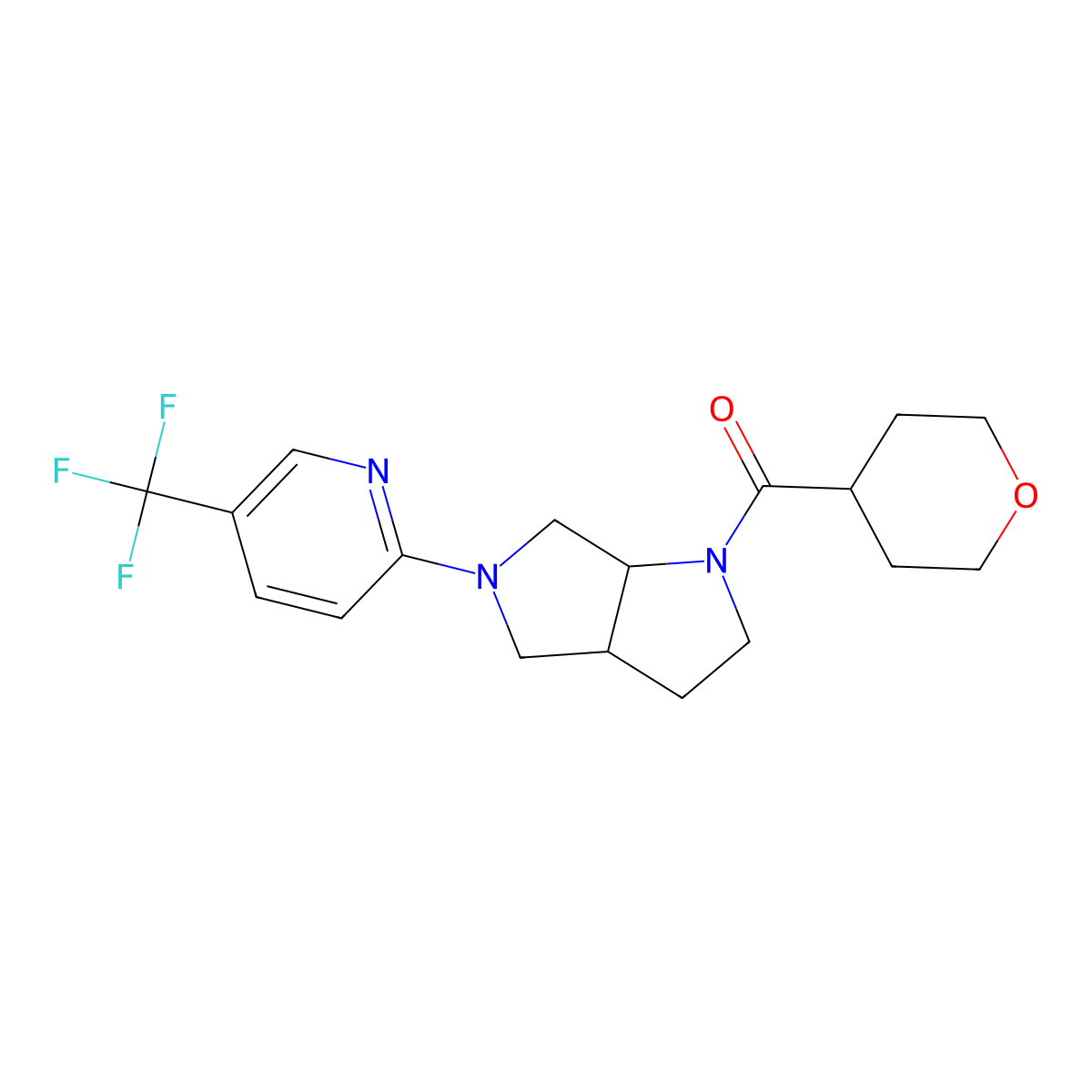 2-[1-(Oxane-4-carbonyl)-octahydropyrrolo[3,4-b]pyrrol-5-yl]-5-(trifluoromethyl)pyridine molecular structure, CAS 2549064-90-4