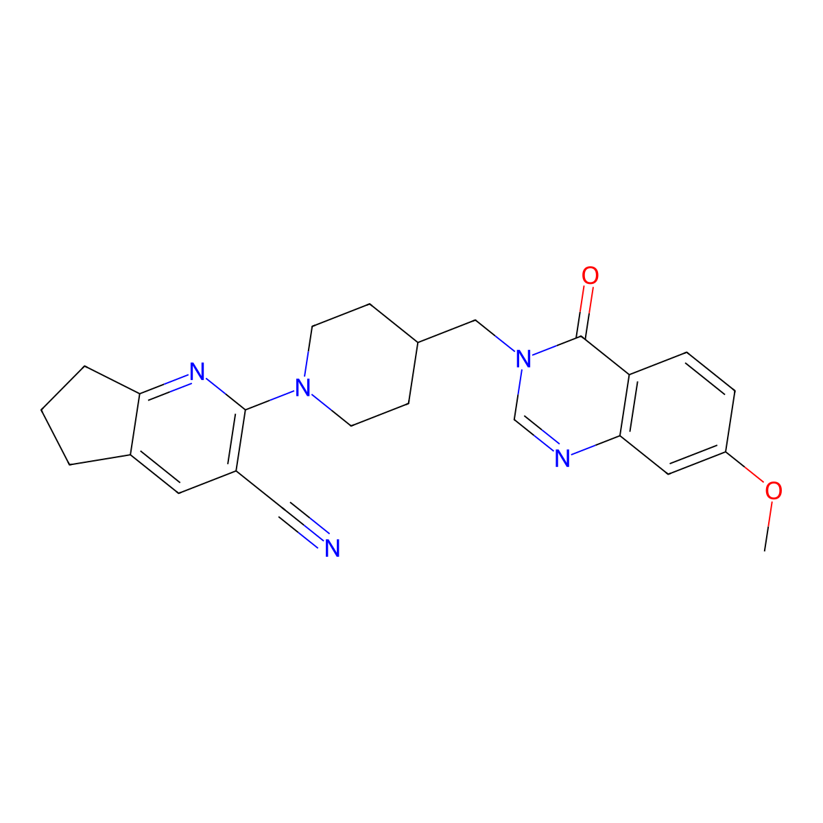 2-{4-[(7-methoxy-4-oxo-3,4-dihydroquinazolin-3-yl)methyl]piperidin-1-yl}-5H,6H,7H-cyclopenta[b]pyridine-3-carbonitrile molecular structure, CAS 2549064-94-8