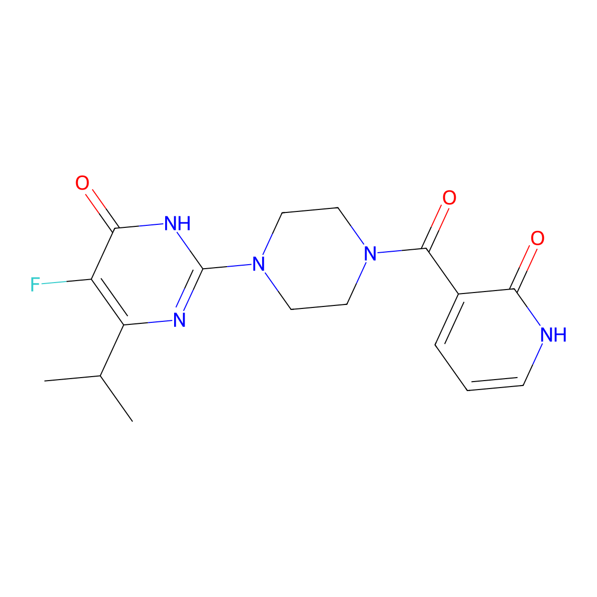 5-Fluoro-2-[4-(2-oxo-1,2-dihydropyridine-3-carbonyl)piperazin-1-yl]-6-(propan-2-yl)-3,4-dihydropyrimidin-4-one molecular structure, CAS 2549065-25-8
