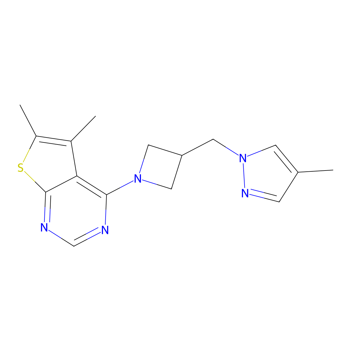 1-[(1-{5,6-dimethylthieno[2,3-d]pyrimidin-4-yl}azetidin-3-yl)methyl]-4-methyl-1H-pyrazole molecular structure, CAS 2549065-29-2
