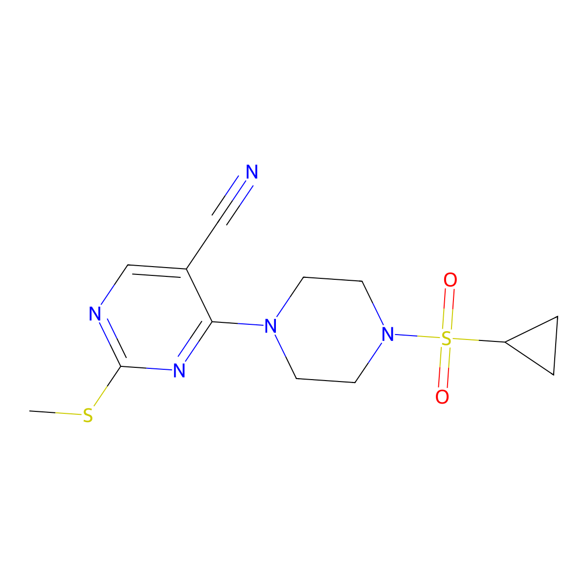 4-[4-(Cyclopropanesulfonyl)piperazin-1-yl]-2-(methylsulfanyl)pyrimidine-5-carbonitrile molecular structure, CAS 2549065-31-6
