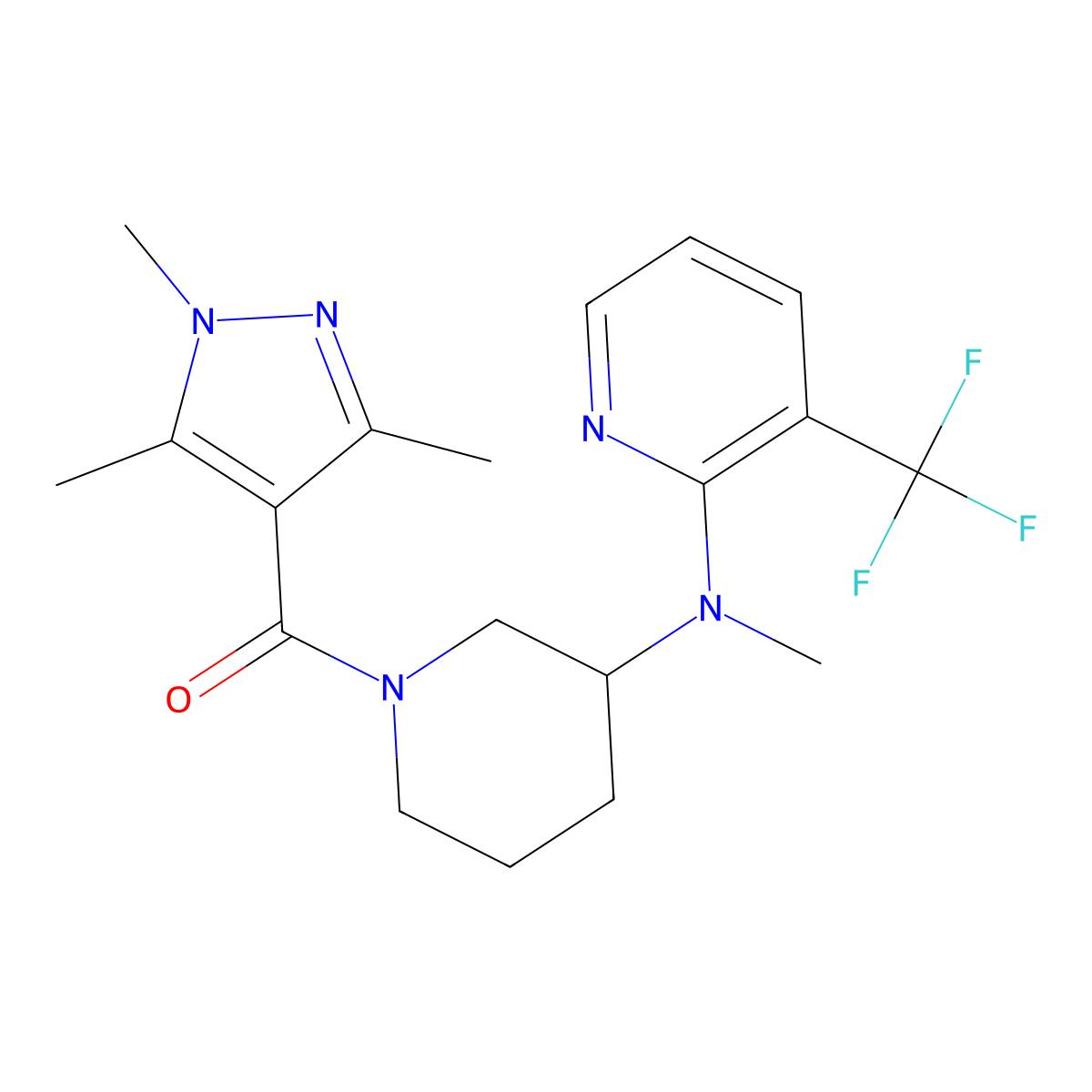 N-methyl-3-(trifluoromethyl)-N-[1-(1,3,5-trimethyl-1H-pyrazole-4-carbonyl)piperidin-3-yl]pyridin-2-amine molecular structure, CAS 2549065-36-1