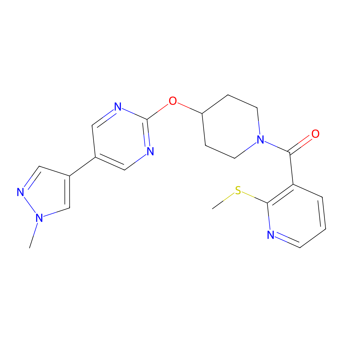 5-(1-methyl-1H-pyrazol-4-yl)-2-({1-[2-(methylsulfanyl)pyridine-3-carbonyl]piperidin-4-yl}oxy)pyrimidine molecular structure, CAS 2549065-40-7