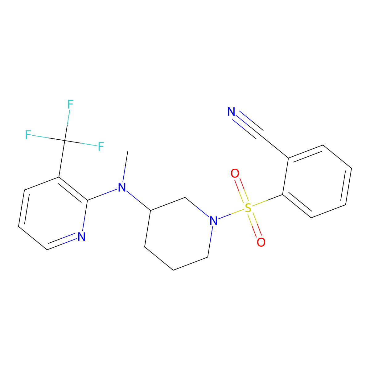 2-[(3-{Methyl[3-(trifluoromethyl)pyridin-2-yl]amino}piperidin-1-yl)sulfonyl]benzonitrile molecular structure, CAS 2549065-48-5
