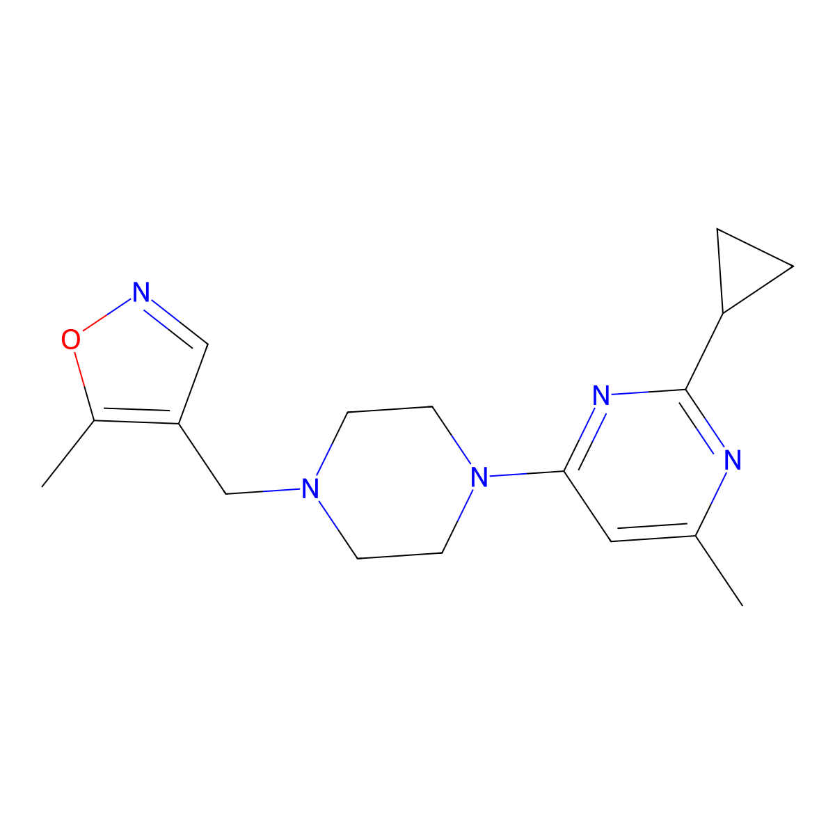 2-Cyclopropyl-4-methyl-6-{4-[(5-methyl-1,2-oxazol-4-yl)methyl]piperazin-1-yl}pyrimidine molecular structure, CAS 2549065-51-0