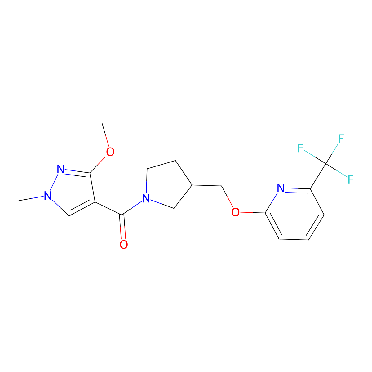 2-{[1-(3-methoxy-1-methyl-1H-pyrazole-4-carbonyl)pyrrolidin-3-yl]methoxy}-6-(trifluoromethyl)pyridine molecular structure, CAS 2549065-59-8