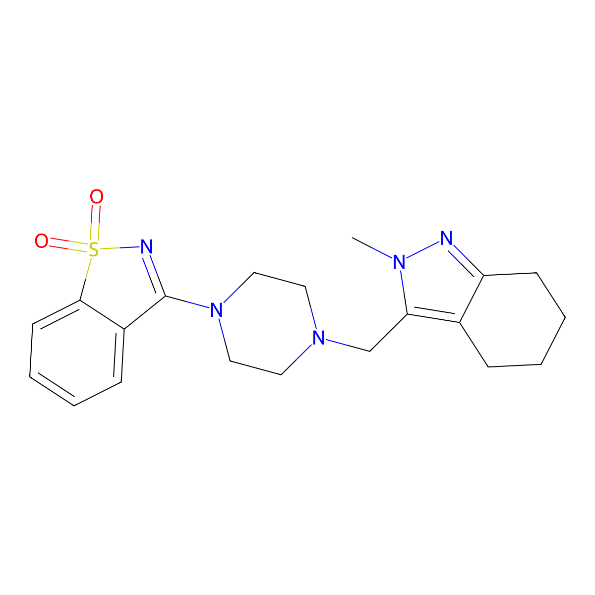 3-{4-[(2-methyl-4,5,6,7-tetrahydro-2H-indazol-3-yl)methyl]piperazin-1-yl}-1lambda6,2-benzothiazole-1,1-dione molecular structure, CAS 2549065-62-3