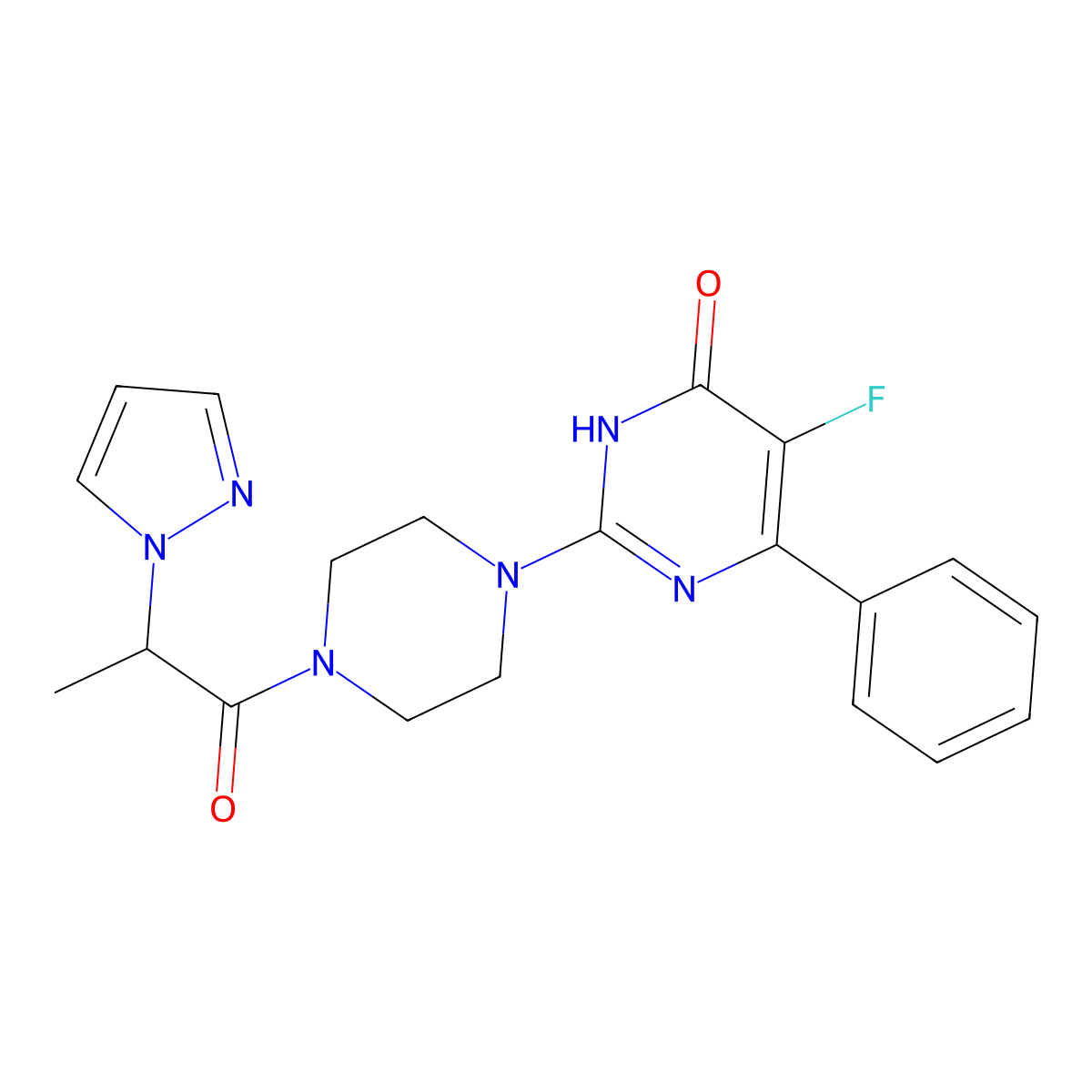 5-fluoro-6-phenyl-2-{4-[2-(1H-pyrazol-1-yl)propanoyl]piperazin-1-yl}-3,4-dihydropyrimidin-4-one molecular structure, CAS 2549065-63-4