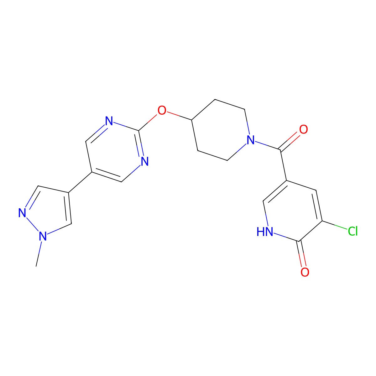 3-chloro-5-(4-{[5-(1-methyl-1H-pyrazol-4-yl)pyrimidin-2-yl]oxy}piperidine-1-carbonyl)pyridin-2-ol molecular structure, CAS 2549065-71-4