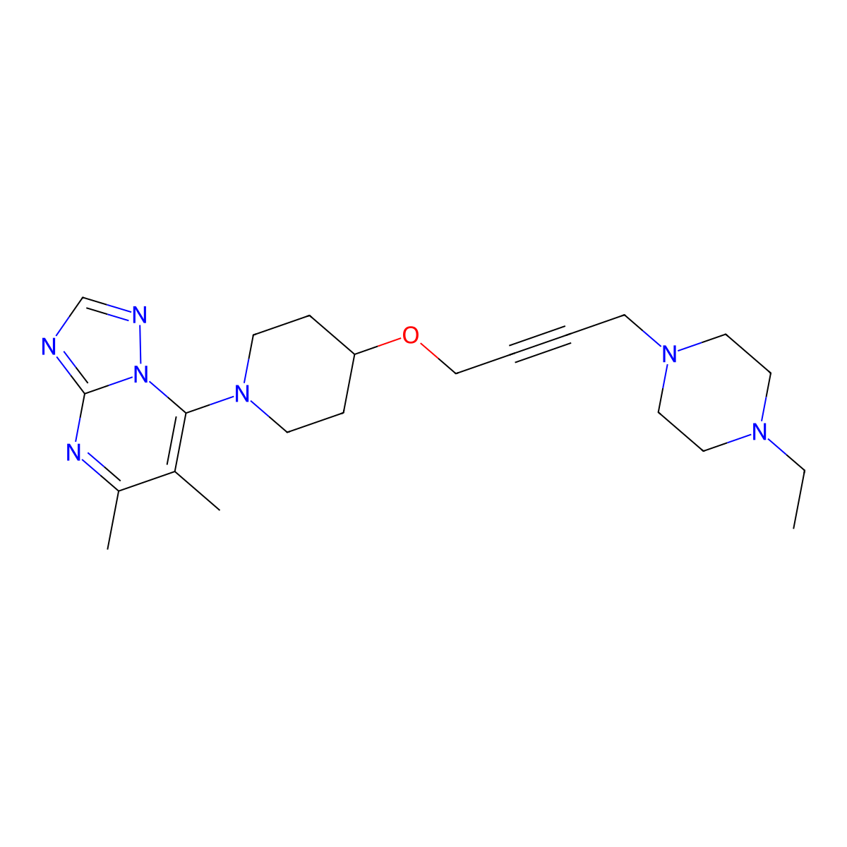 1-{4-[(1-{5,6-Dimethyl-[1,2,4]triazolo[1,5-a]pyrimidin-7-yl}piperidin-4-yl)oxy]but-2-yn-1-yl}-4-ethylpiperazine molecular structure, CAS 2549065-79-2