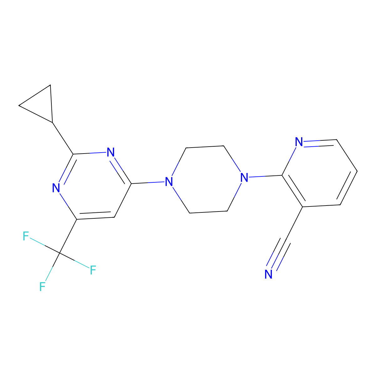 2-{4-[2-Cyclopropyl-6-(trifluoromethyl)pyrimidin-4-yl]piperazin-1-yl}pyridine-3-carbonitrile molecular structure, CAS 2549065-85-0