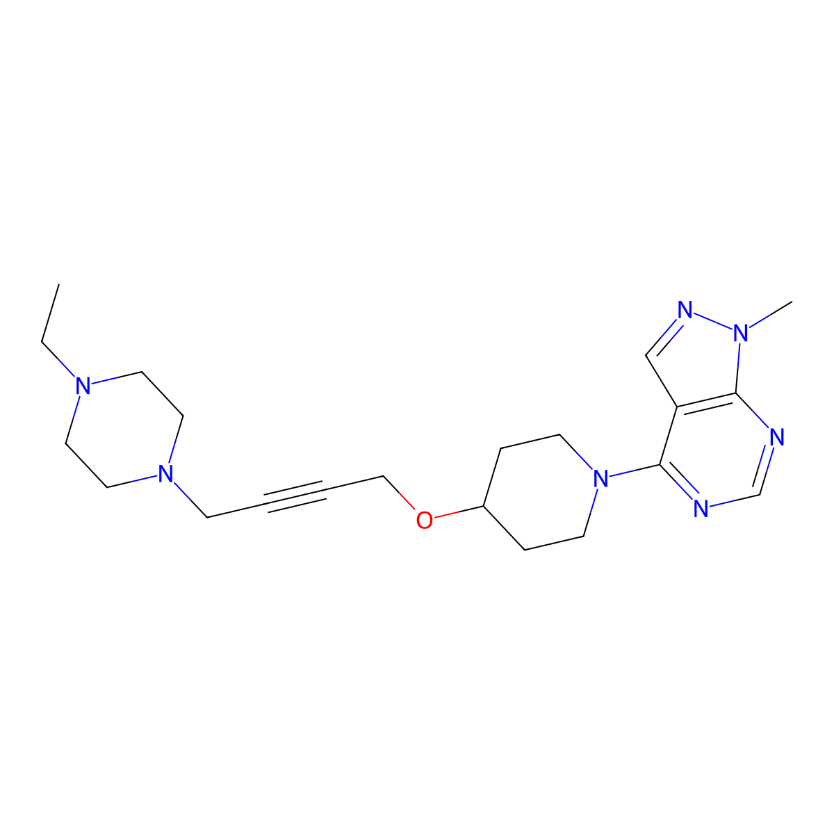 1-ethyl-4-{4-[(1-{1-methyl-1H-pyrazolo[3,4-d]pyrimidin-4-yl}piperidin-4-yl)oxy]but-2-yn-1-yl}piperazine molecular structure, CAS 2549065-91-8