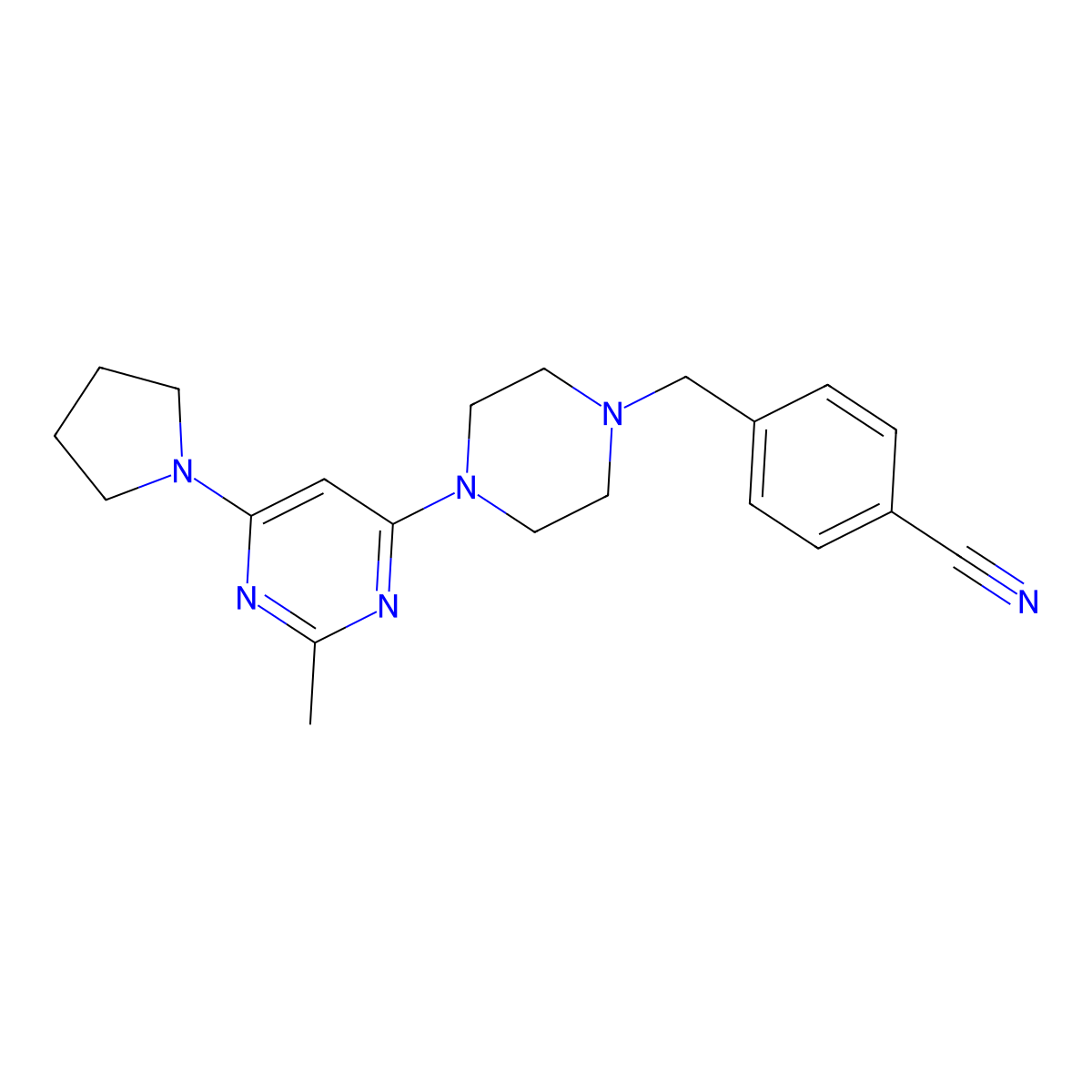 4-({4-[2-Methyl-6-(pyrrolidin-1-yl)pyrimidin-4-yl]piperazin-1-yl}methyl)benzonitrile molecular structure, CAS 2549065-93-0