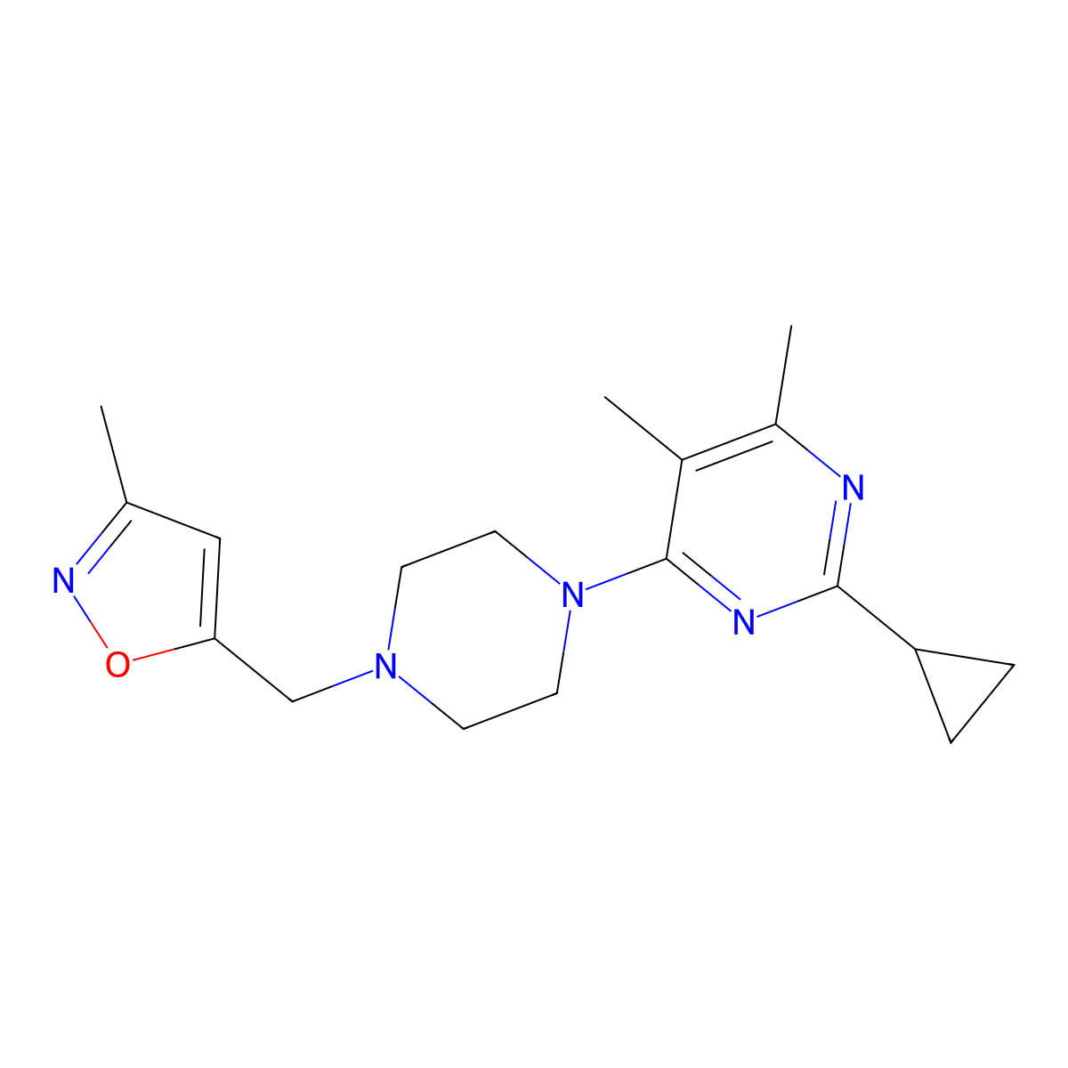 2-Cyclopropyl-4,5-dimethyl-6-{4-[(3-methyl-1,2-oxazol-5-yl)methyl]piperazin-1-yl}pyrimidine molecular structure, CAS 2549065-94-1