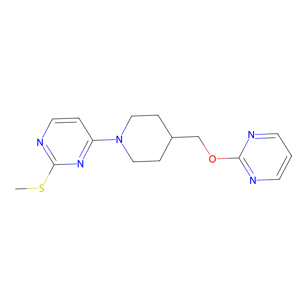 2-(Methylsulfanyl)-4-{4-[(pyrimidin-2-yloxy)methyl]piperidin-1-yl}pyrimidine molecular structure, CAS 2549065-95-2