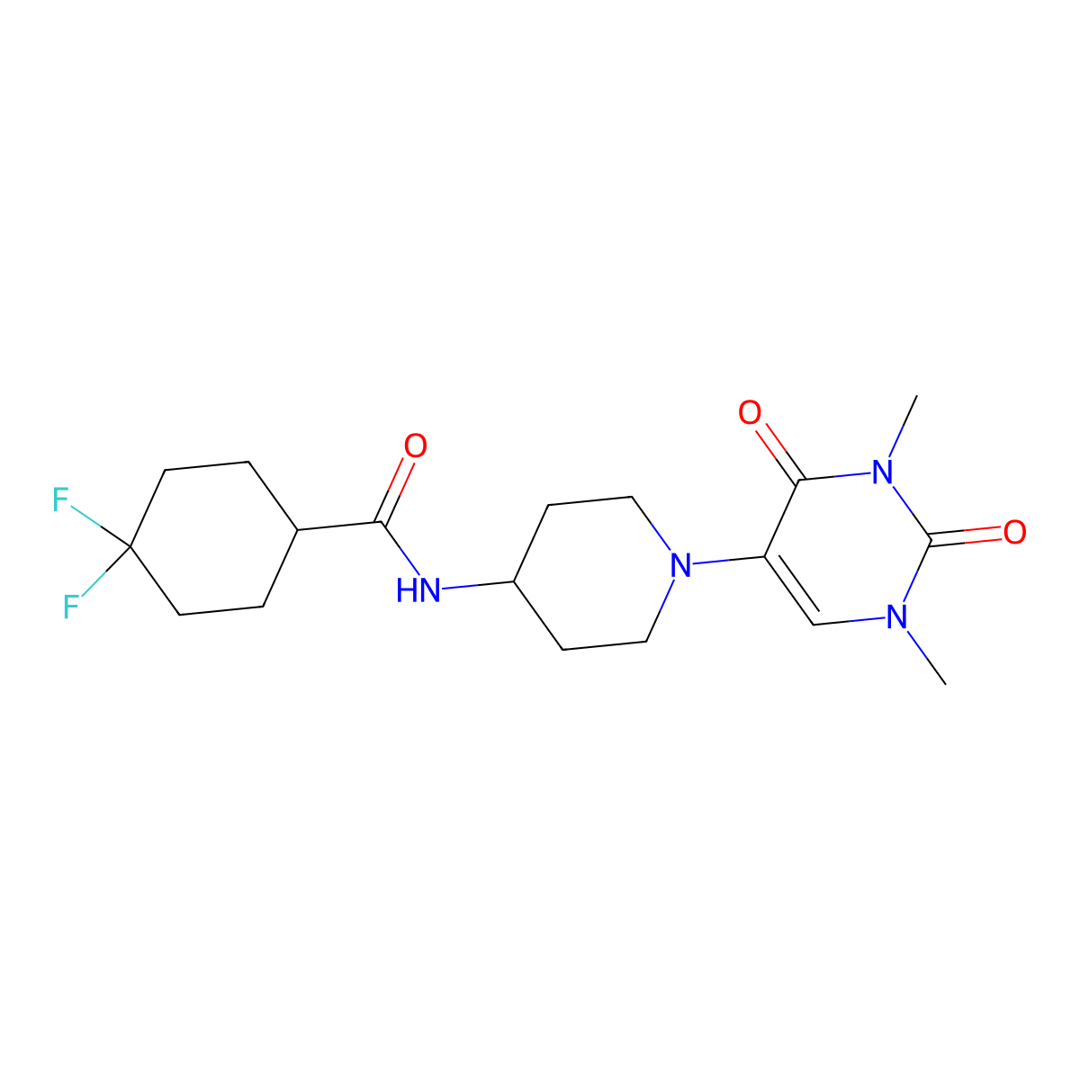 N-[1-(1,3-dimethyl-2,4-dioxo-1,2,3,4-tetrahydropyrimidin-5-yl)piperidin-4-yl]-4,4-difluorocyclohexane-1-carboxamide molecular structure, CAS 2549066-00-2