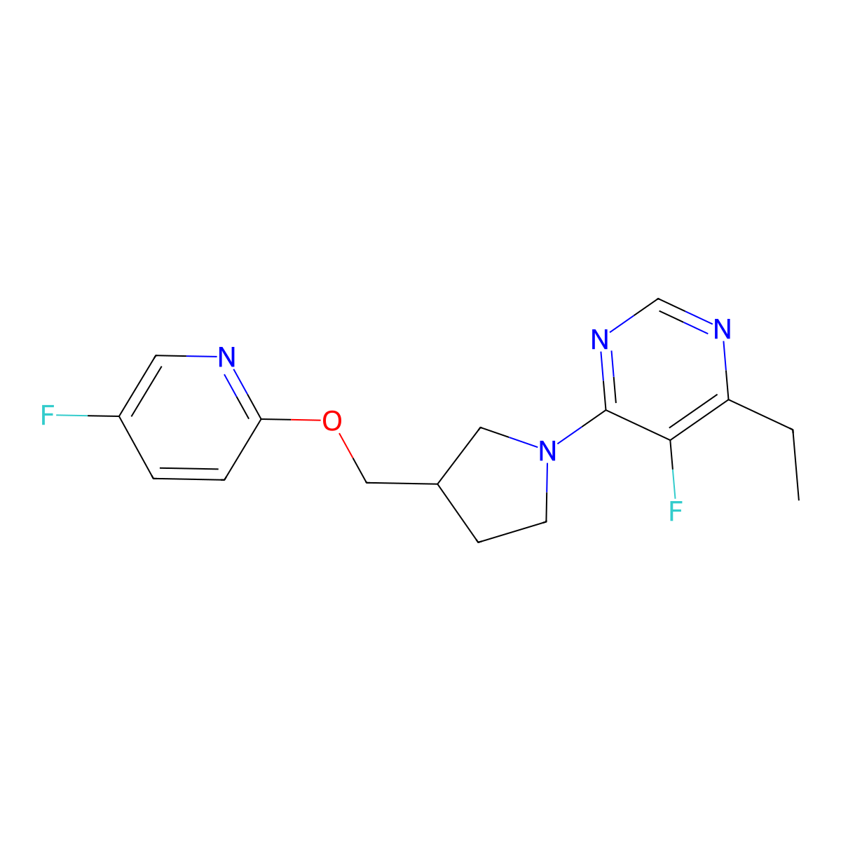 4-Ethyl-5-fluoro-6-(3-{[(5-fluoropyridin-2-yl)oxy]methyl}pyrrolidin-1-yl)pyrimidine molecular structure, CAS 2549066-03-5