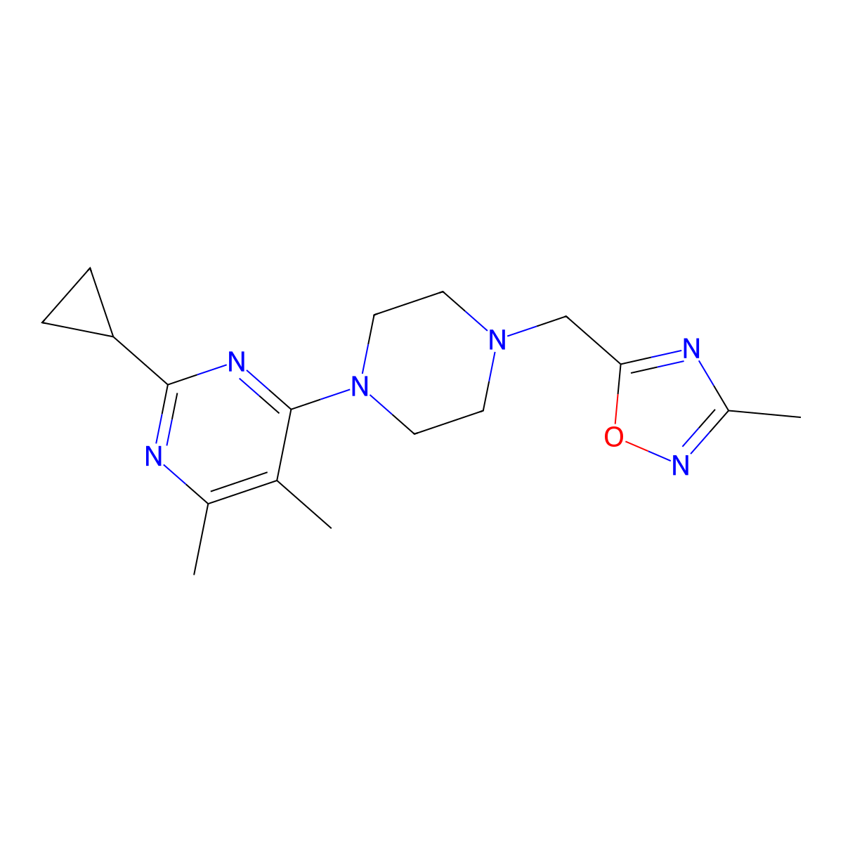 2-Cyclopropyl-4,5-dimethyl-6-{4-[(3-methyl-1,2,4-oxadiazol-5-yl)methyl]piperazin-1-yl}pyrimidine molecular structure, CAS 2549066-06-8