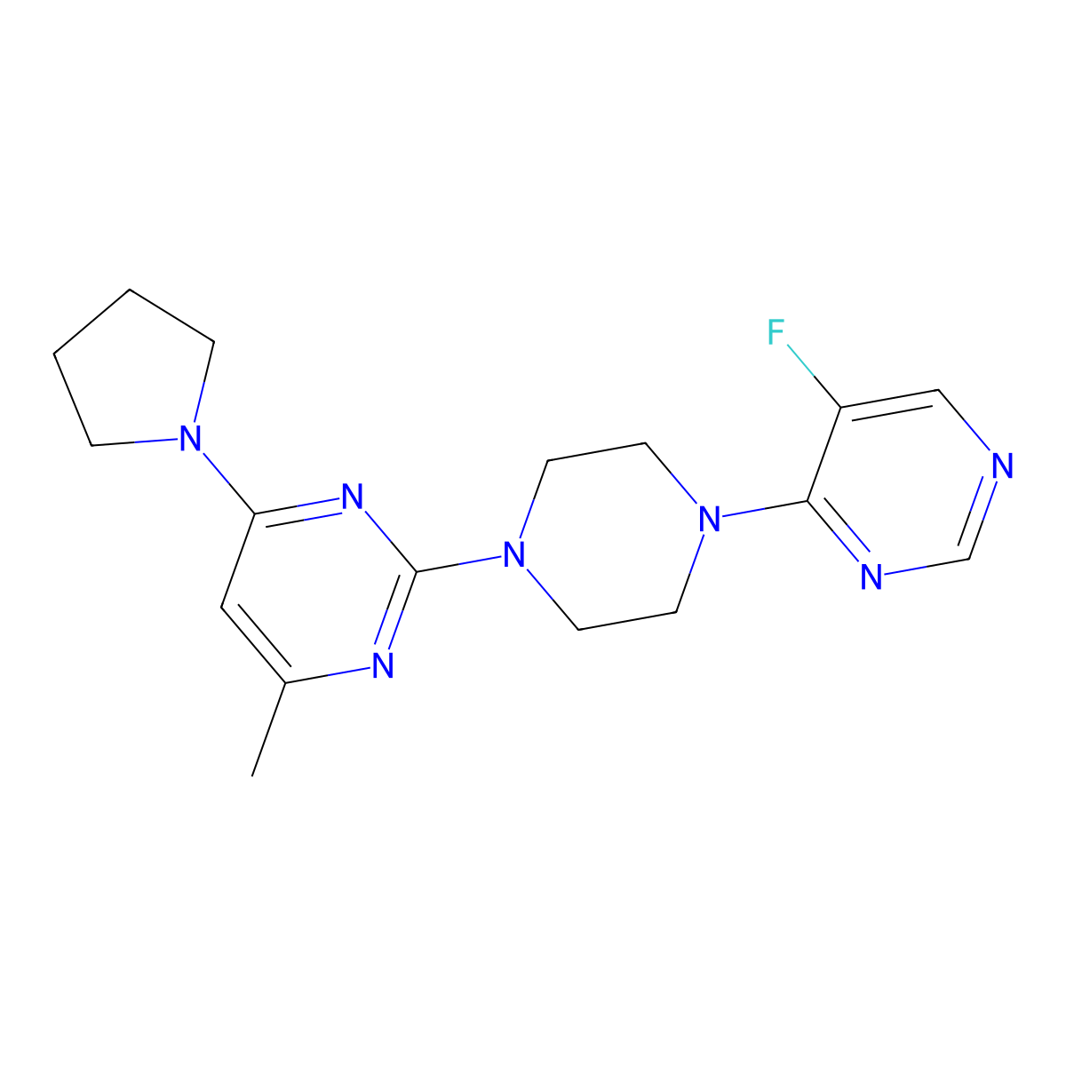 2-[4-(5-Fluoropyrimidin-4-yl)piperazin-1-yl]-4-methyl-6-(pyrrolidin-1-yl)pyrimidine molecular structure, CAS 2549066-14-8