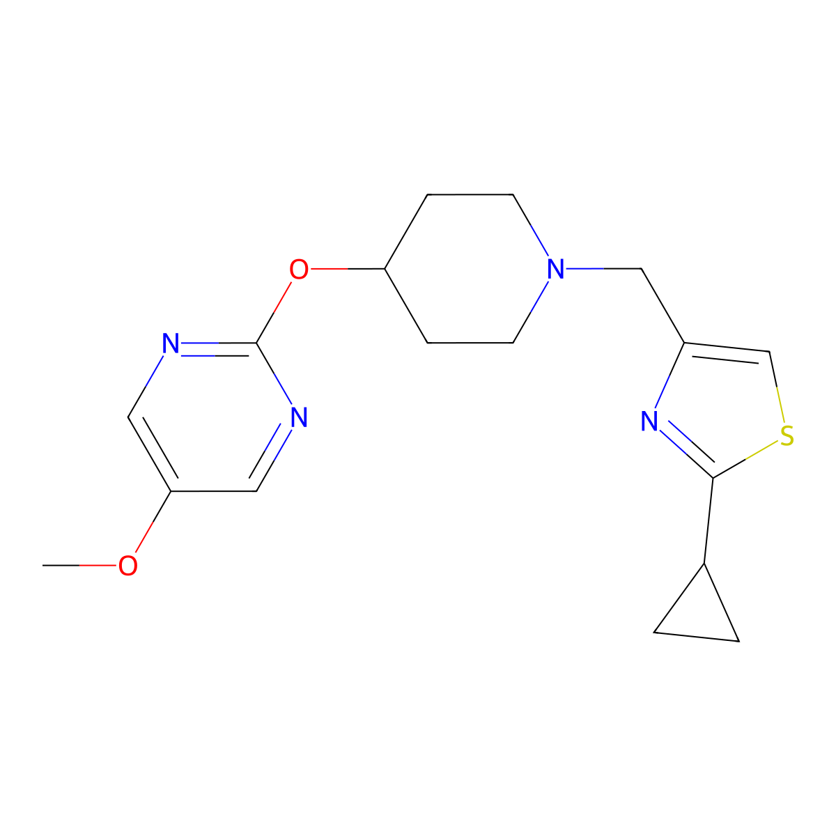 2-({1-[(2-Cyclopropyl-1,3-thiazol-4-yl)methyl]piperidin-4-yl}oxy)-5-methoxypyrimidine molecular structure, CAS 2549066-16-0