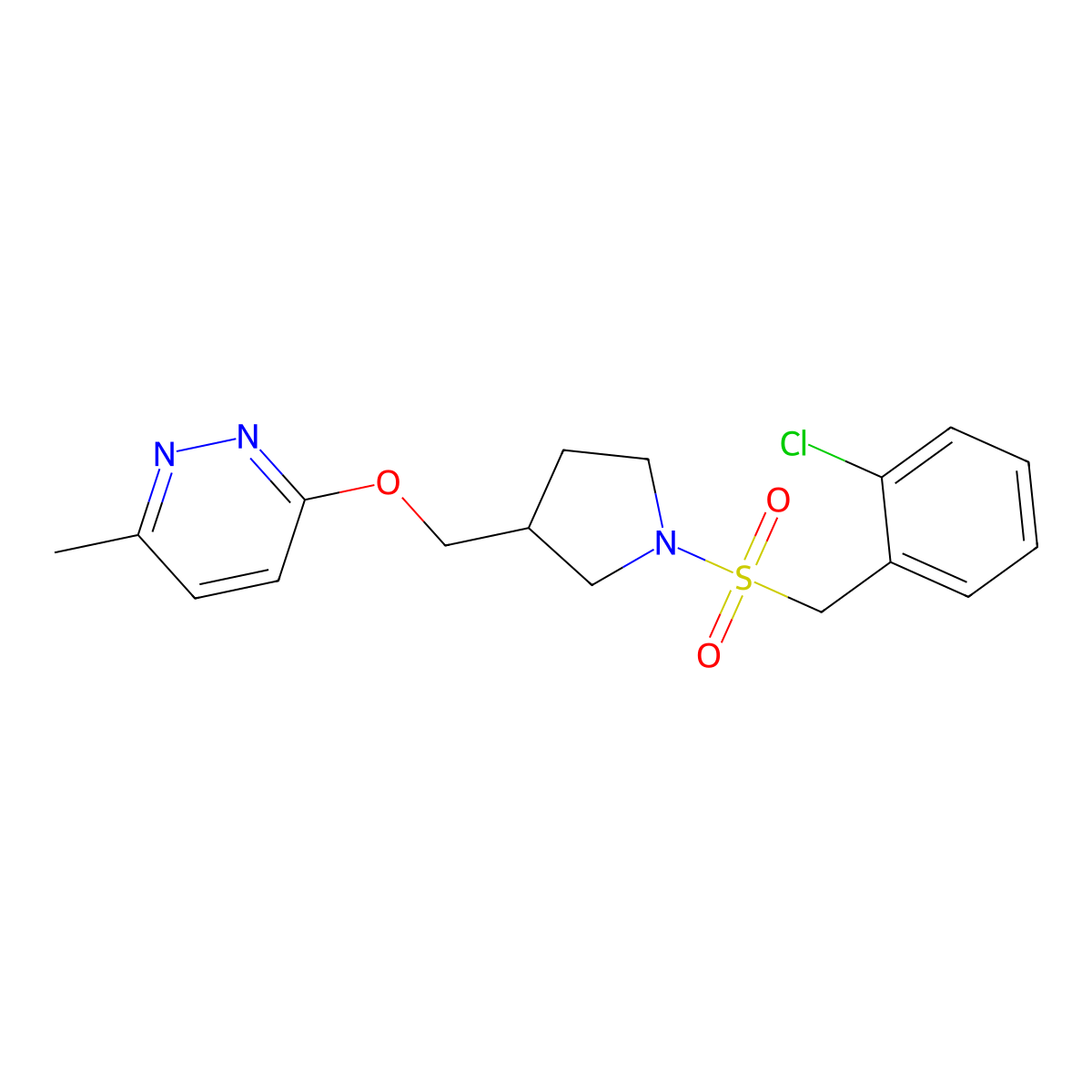 3-({1-[(2-Chlorophenyl)methanesulfonyl]pyrrolidin-3-yl}methoxy)-6-methylpyridazine molecular structure, CAS 2549066-25-1