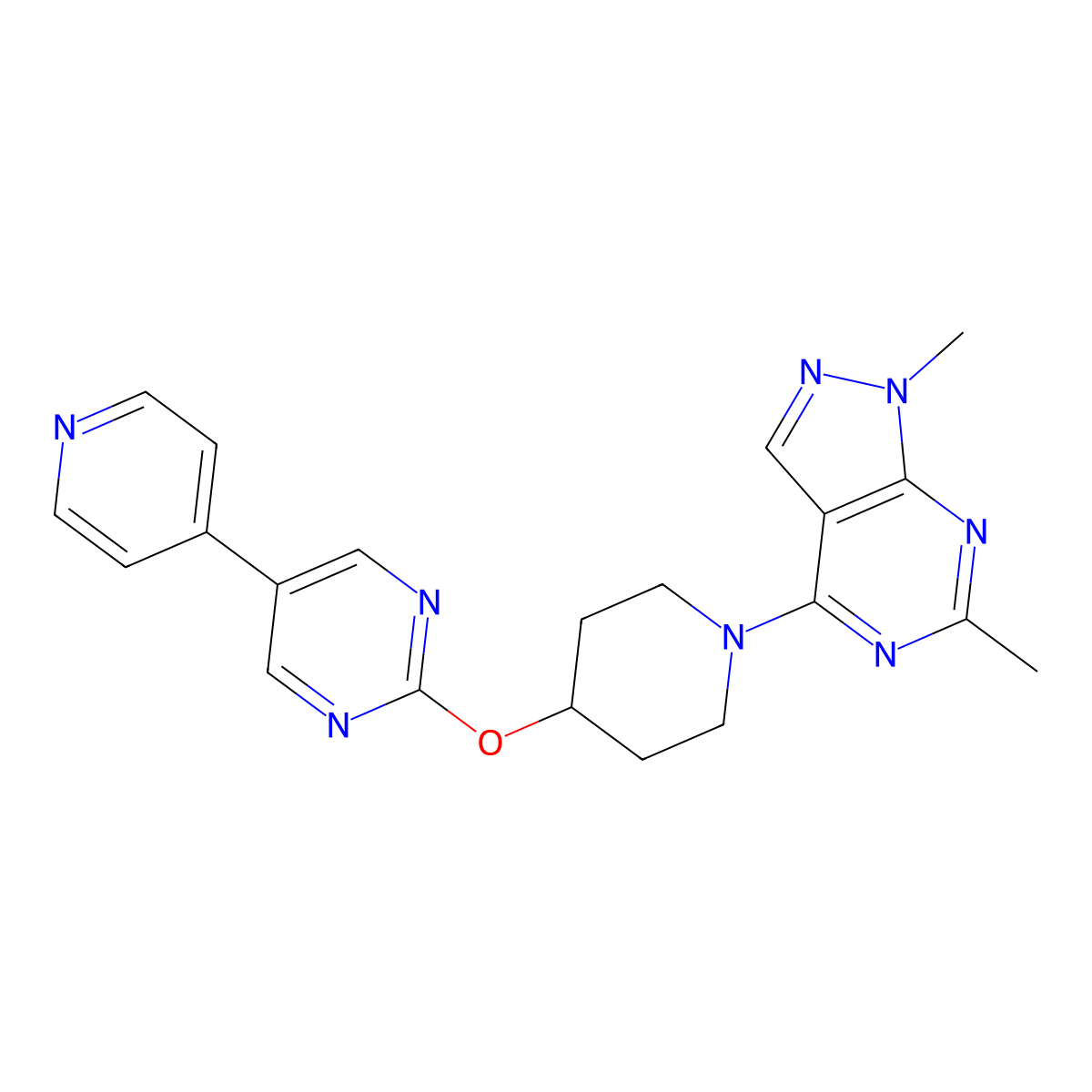 2-[(1-{1,6-dimethyl-1H-pyrazolo[3,4-d]pyrimidin-4-yl}piperidin-4-yl)oxy]-5-(pyridin-4-yl)pyrimidine molecular structure, CAS 2549066-49-9