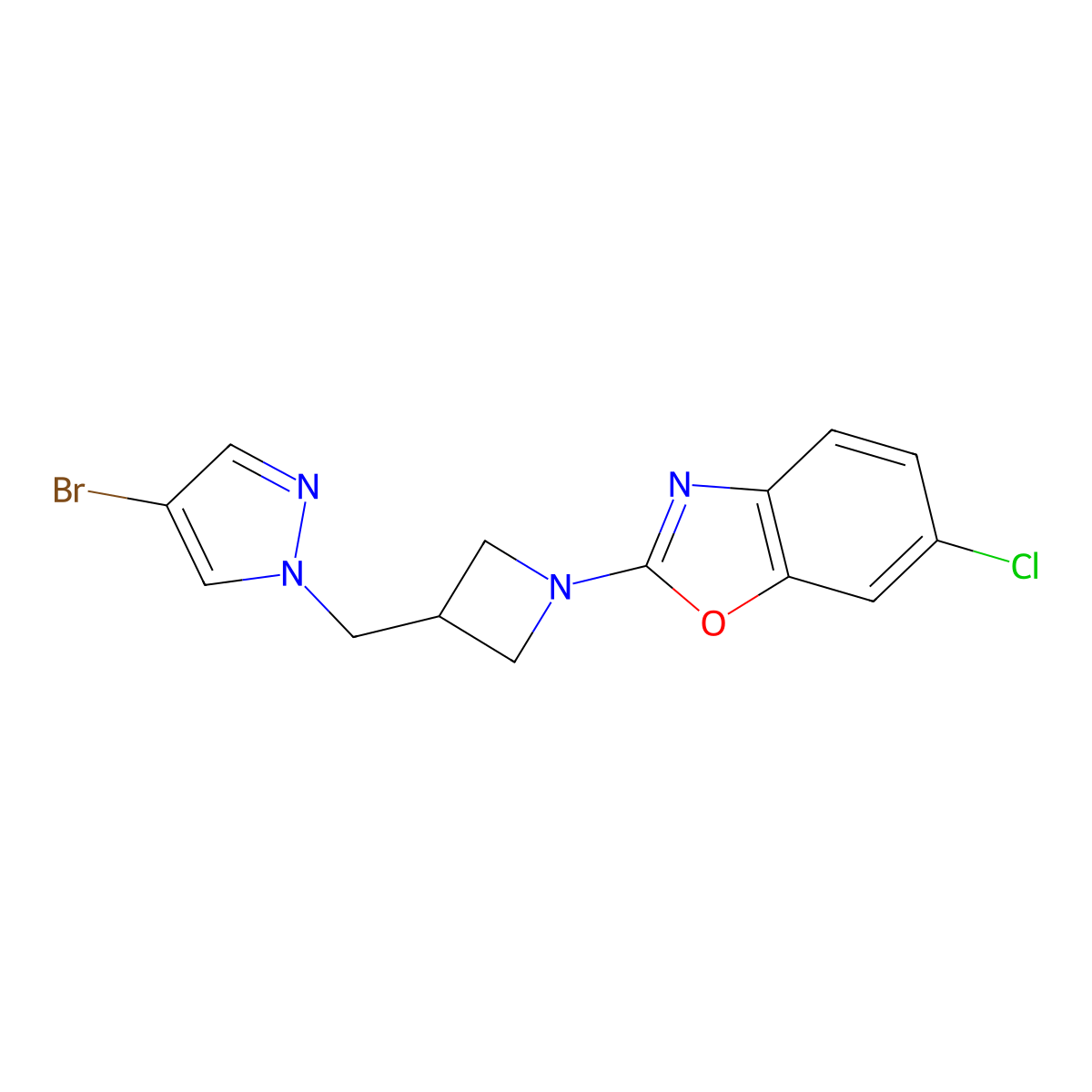 2-{3-[(4-bromo-1H-pyrazol-1-yl)methyl]azetidin-1-yl}-6-chloro-1,3-benzoxazole molecular structure, CAS 2549066-58-0