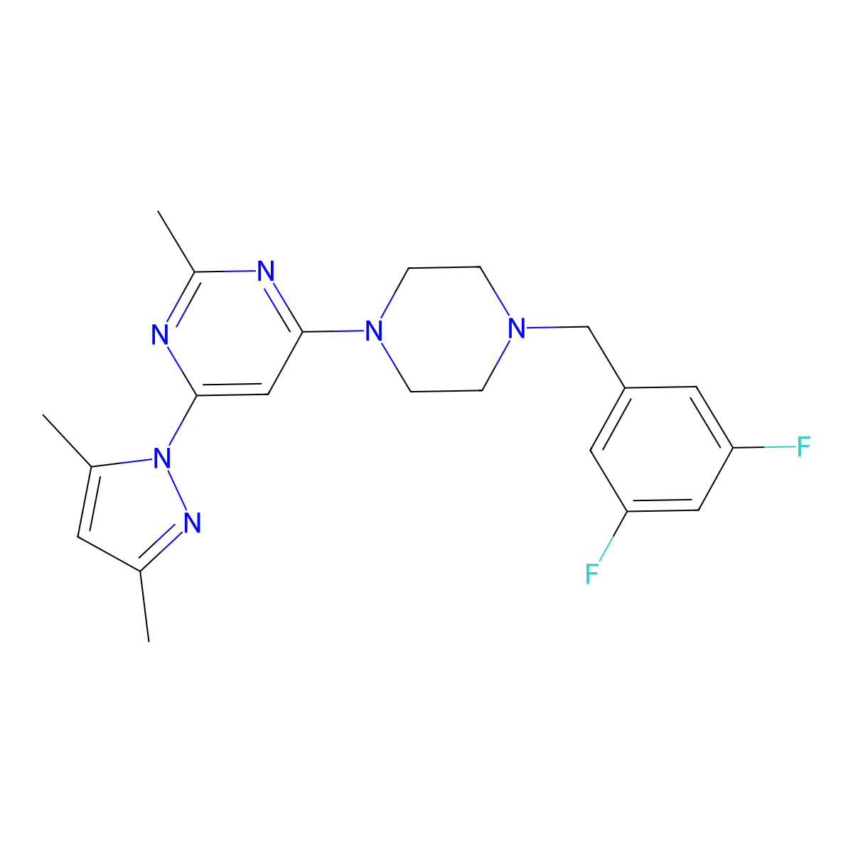 4-{4-[(3,5-difluorophenyl)methyl]piperazin-1-yl}-6-(3,5-dimethyl-1H-pyrazol-1-yl)-2-methylpyrimidine molecular structure, CAS 2549066-63-7