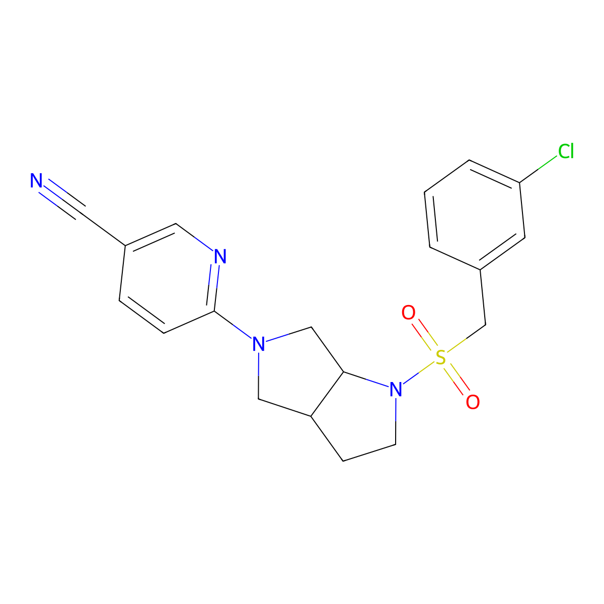 6-{1-[(3-Chlorophenyl)methanesulfonyl]-octahydropyrrolo[2,3-c]pyrrol-5-yl}pyridine-3-carbonitrile molecular structure, CAS 2549066-68-2