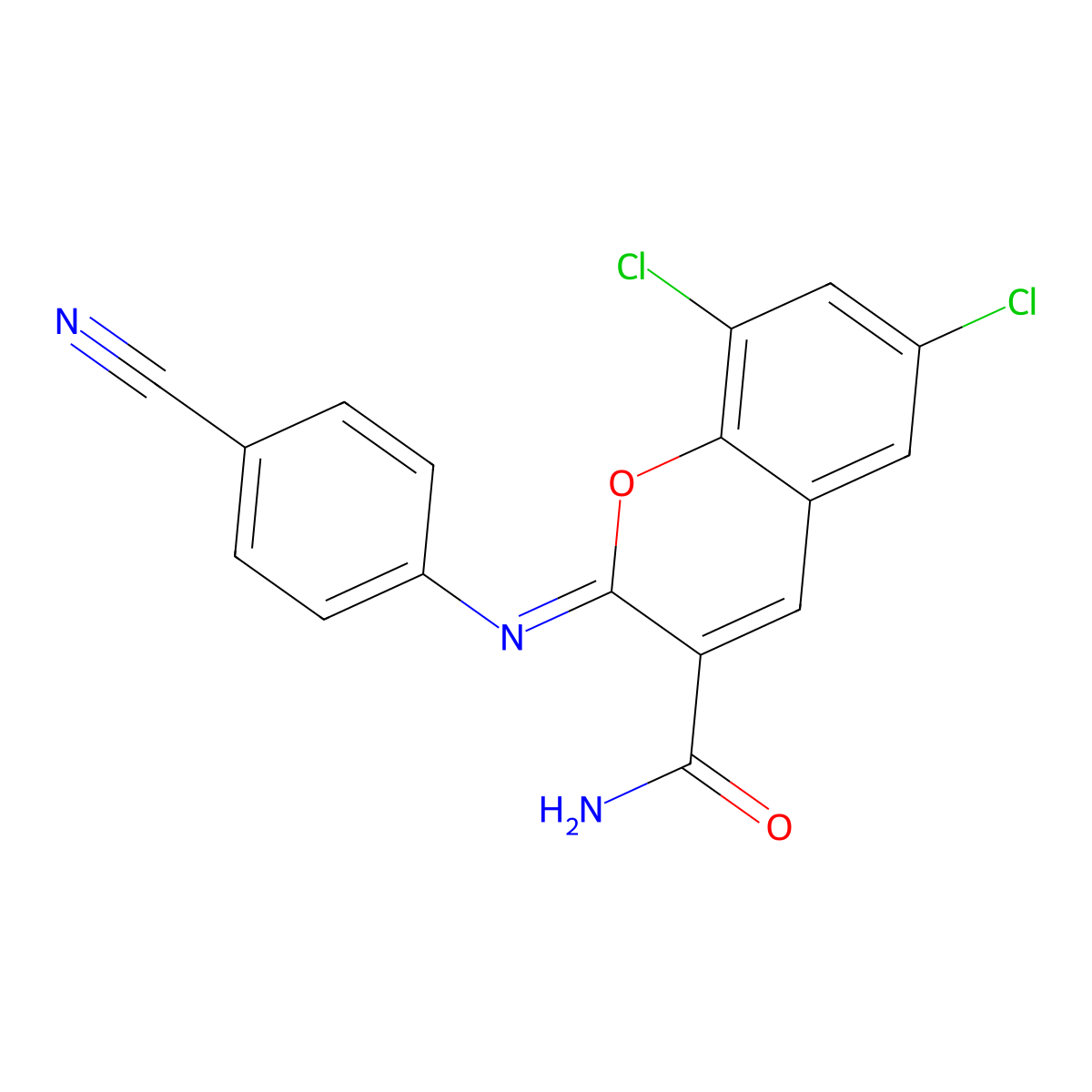 (2Z)-6,8-dichloro-2-[(4-cyanophenyl)imino]-2H-chromene-3-carboxamide molecular structure, CAS 2549133-13-1