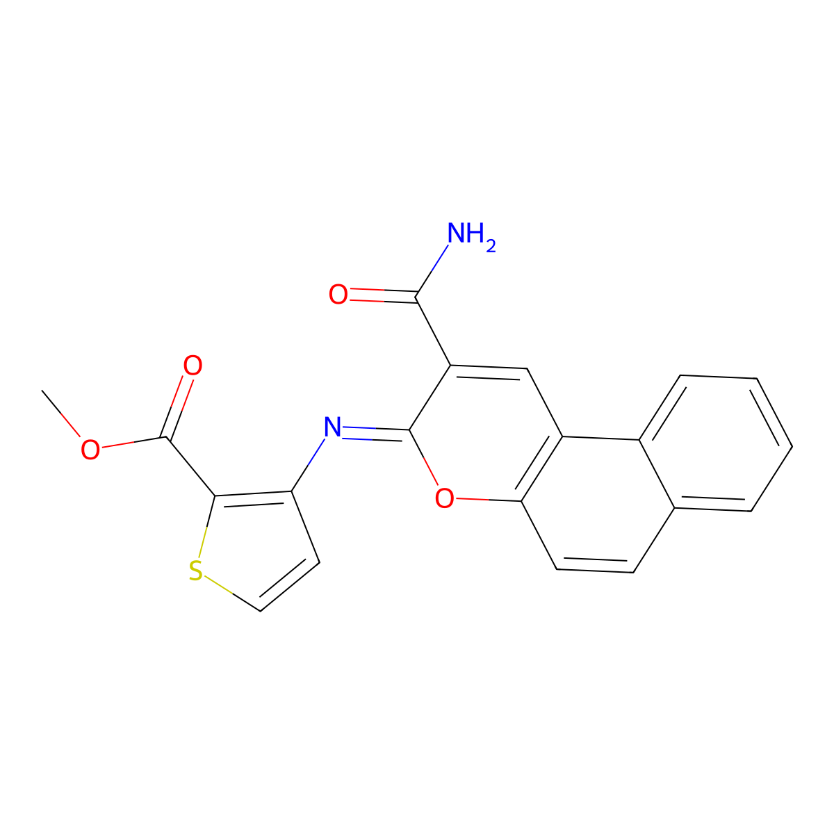 methyl 3-{[(3Z)-2-carbamoyl-3H-benzo[f]chromen-3-ylidene]amino}thiophene-2-carboxylate molecular structure, CAS 2549133-22-2