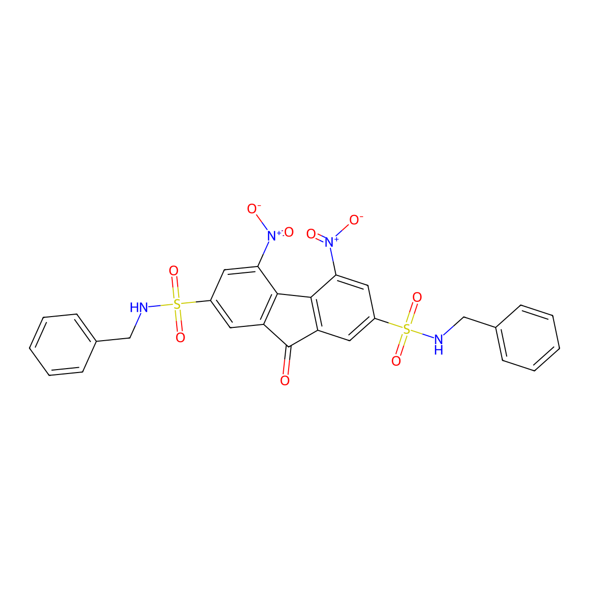 N~2~,N~7~-dibenzyl-4,5-bisnitro-9-oxo-9H-fluorene-2,7-disulfonamide molecular structure, CAS 254980-53-5