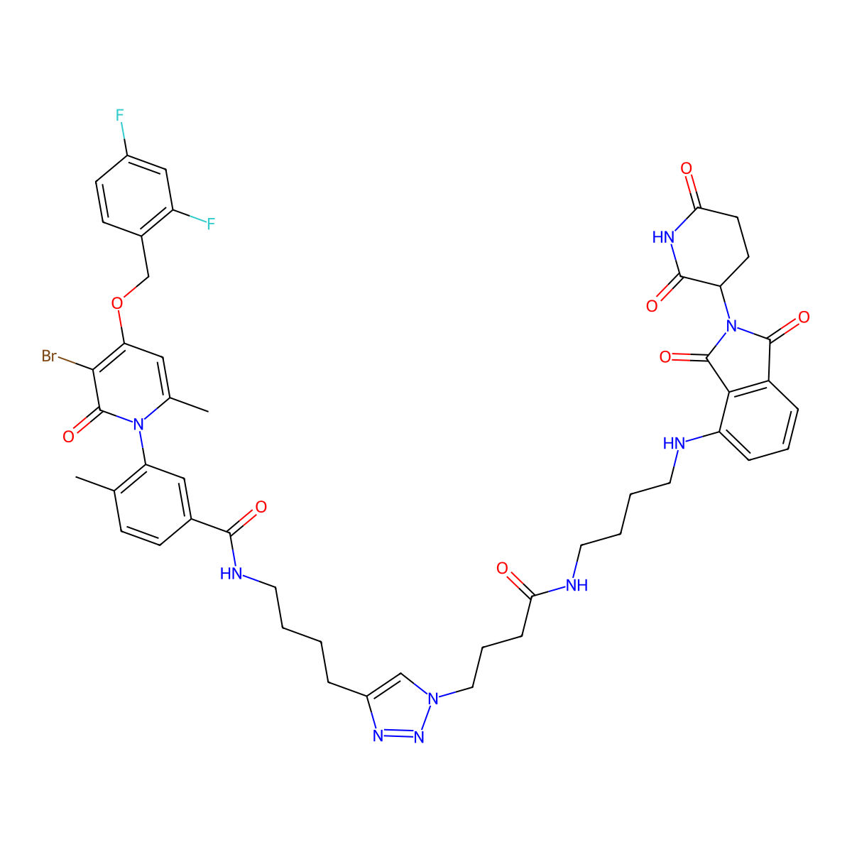 3-(3-Bromo-4-((2,4-difluorobenzyl)oxy)-6-methyl-2-oxopyridin-1(2H)-yl)-N-(4-(1-(4-((4-((2-(2,6-dioxopiperidin-3-yl)-1,3-dioxoisoindolin-4-yl)amino)butyl)amino)-4-oxobutyl)-1H-1,2,3-triazol-4-yl)butyl)-4-methylbenzamide molecular structure, CAS 2550399-06-7