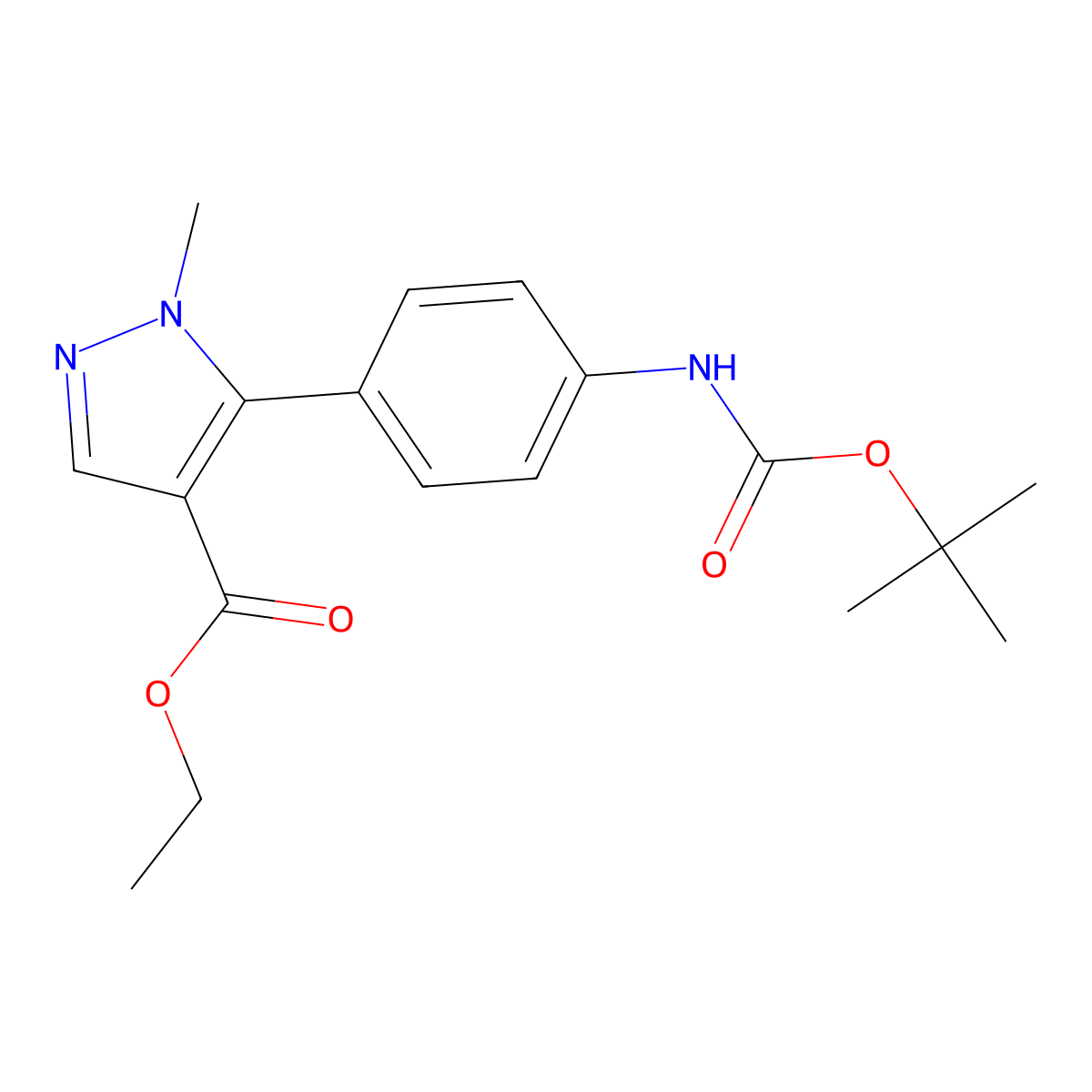 ethyl 5-(4-((tert-butoxycarbonyl)amino)phenyl)-1-methyl-1H-pyrazole-4-carboxylate molecular structure, CAS 2550681-82-6