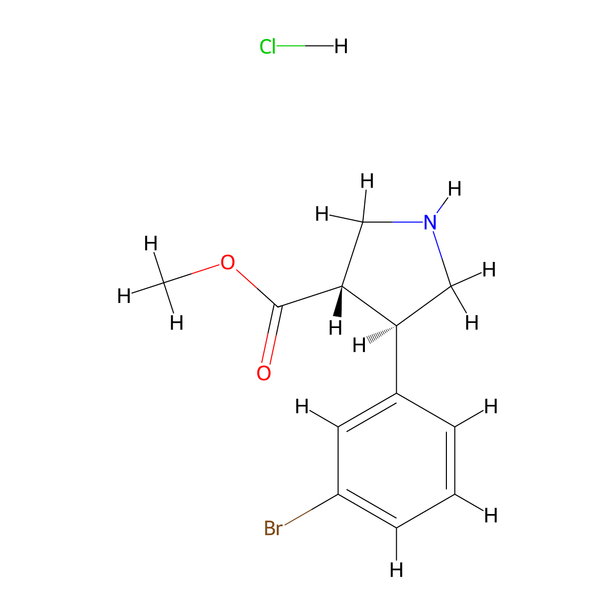 rac-methyl(3R,4S)-4-(3-bromophenyl)pyrrolidine-3-carboxylatehydrochloride,trans molecular structure, CAS 2550997-13-0