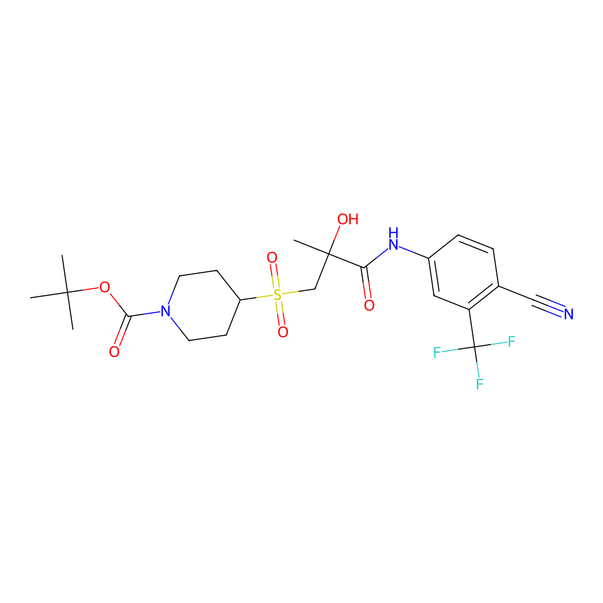 (R)-tert-butyl 4-(3-(4-cyano-3-(trifluoromethyl)phenylamino)-2-hydroxy-2-methyl-3-oxopropylsulfonyl)piperidine-1-carboxylate molecular structure, CAS 2551108-17-7