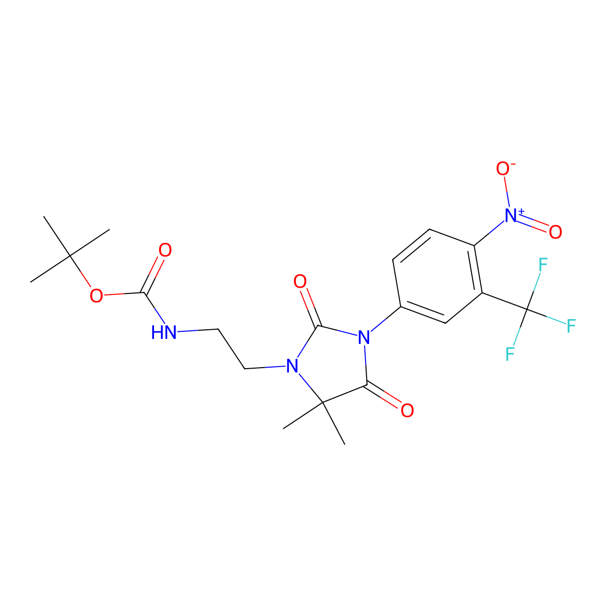 Tert-butyl (2-(5,5-dimethyl-3-(4-nitro-3-(trifluoromethyl)phenyl)-2,4-dioxoimidazolidin-1-yl)ethyl)carbamate molecular structure, CAS 2551108-22-4