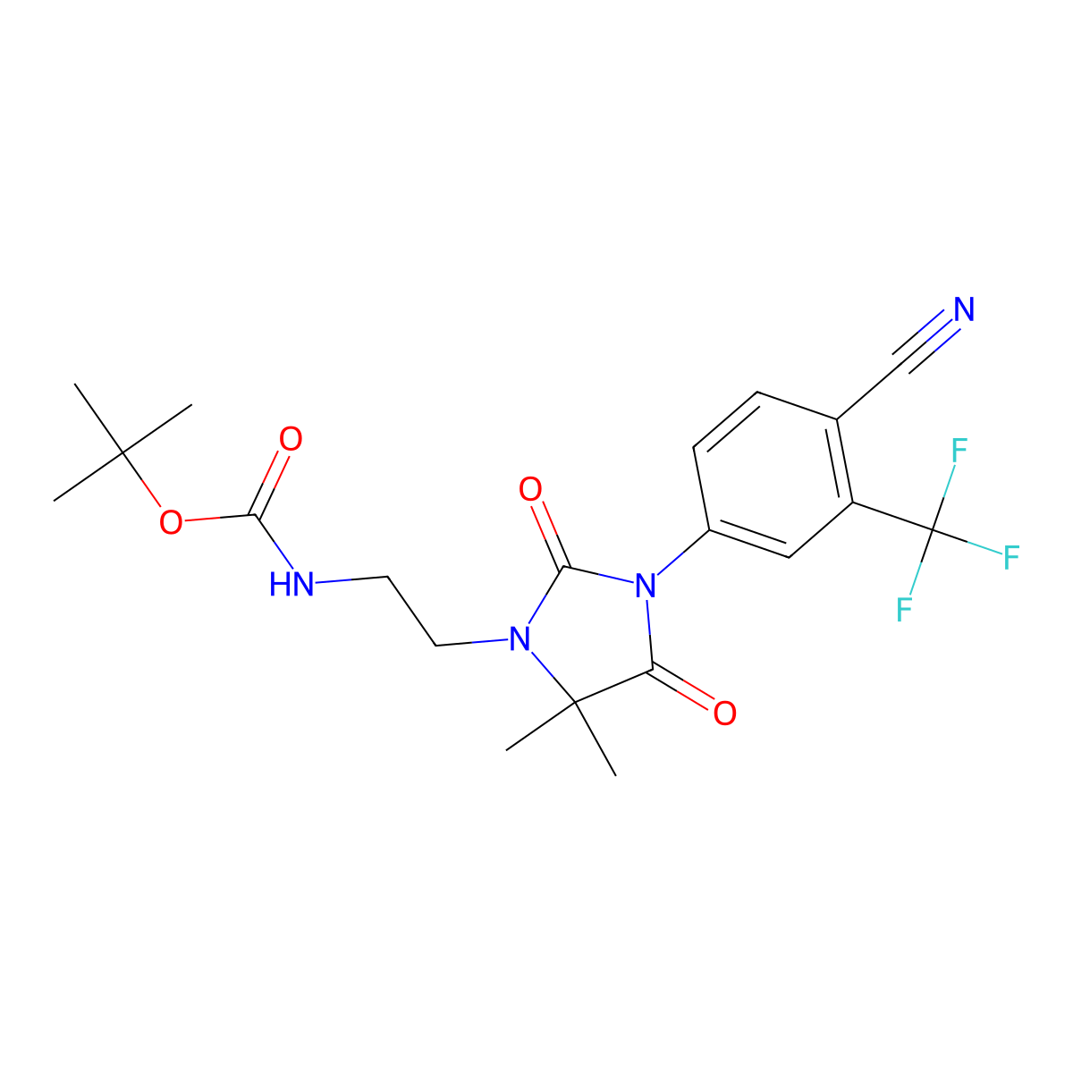 Tert-butyl (2-(3-(4-cyano-3-(trifluoromethyl)phenyl)-5,5-dimethyl-2,4-dioxoimidazolidin-1-yl)ethyl)carbamate molecular structure, CAS 2551108-25-7