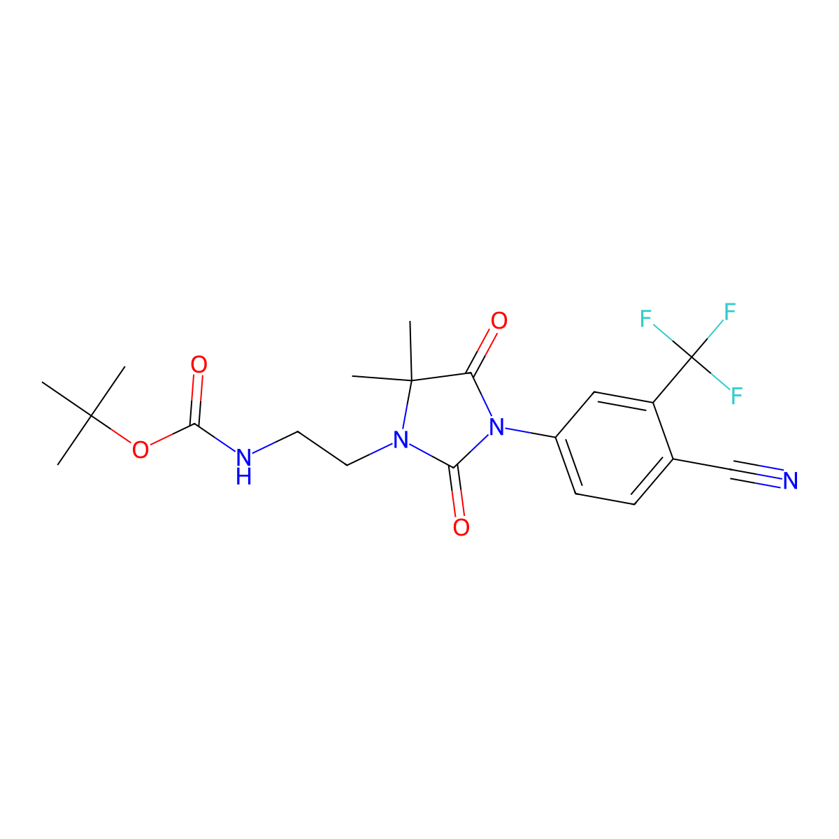 Tert-butyl (2-(3-(4-cyano-3-(trifluoromethyl)phenyl)-5,5-dimethyl-2,4-dioxoimidazolidin-1-yl)ethyl)carbamate molecular structure, CAS 2551108-25-7
